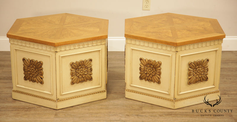 Florentine Style Vintage Pair Burl Wood, Partial Gilt & Painted Storage End Tables by Lane
