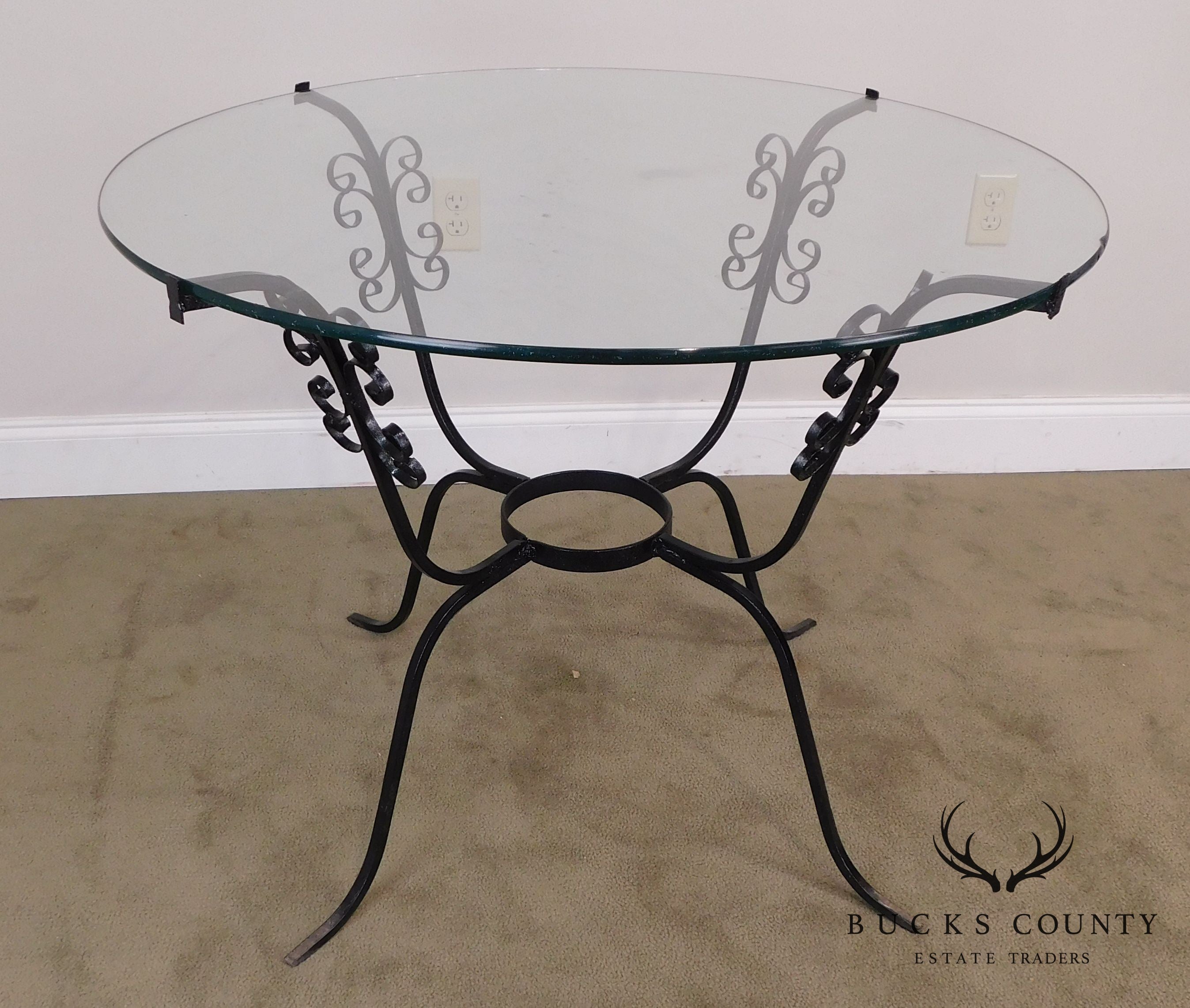 Vintage Black Scrolled Wrought Iron Round Glass Top Table