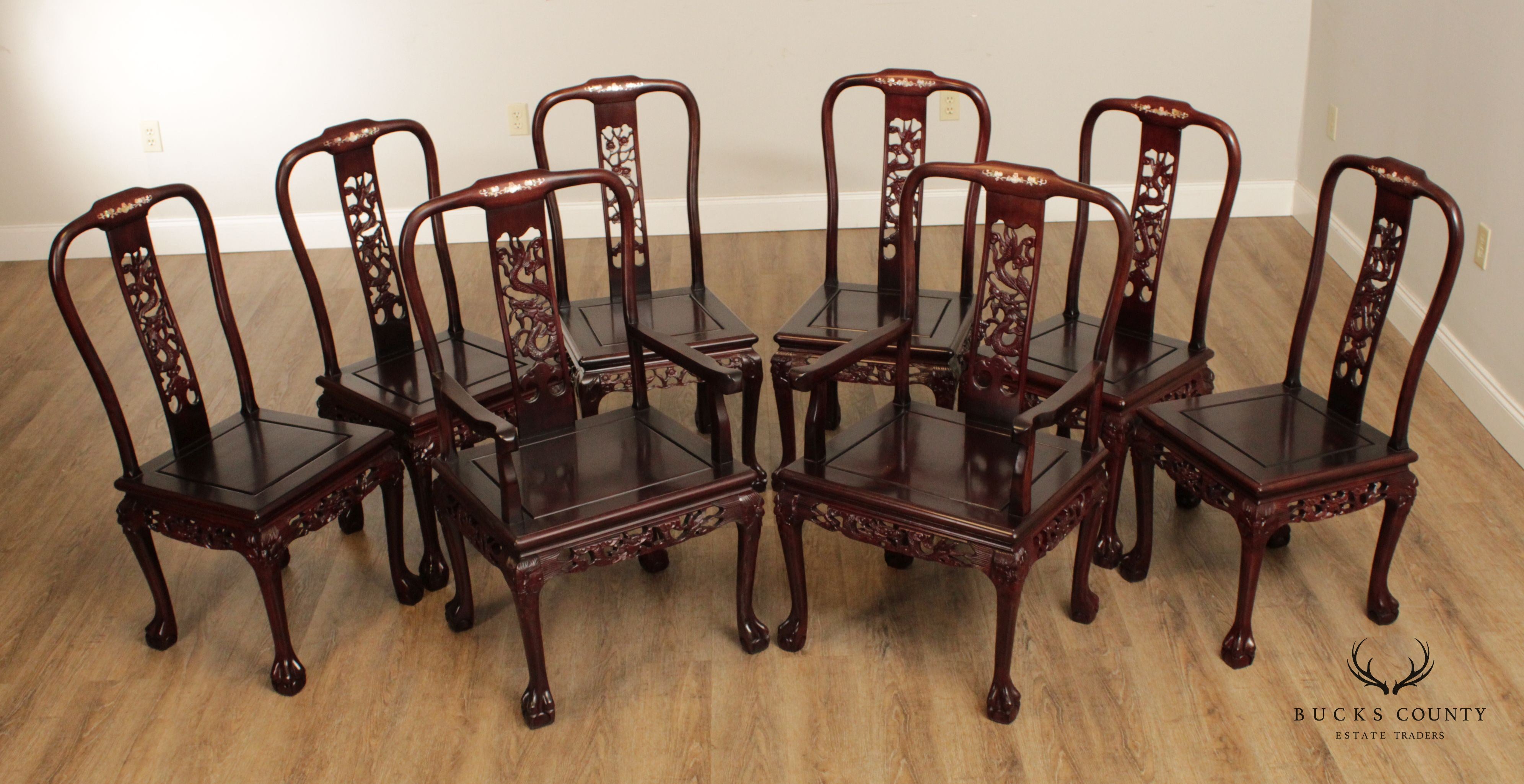 Chinese Rosewood Mother of Pearl Inlaid Dragon Carved Set of 8 Dining Chairs