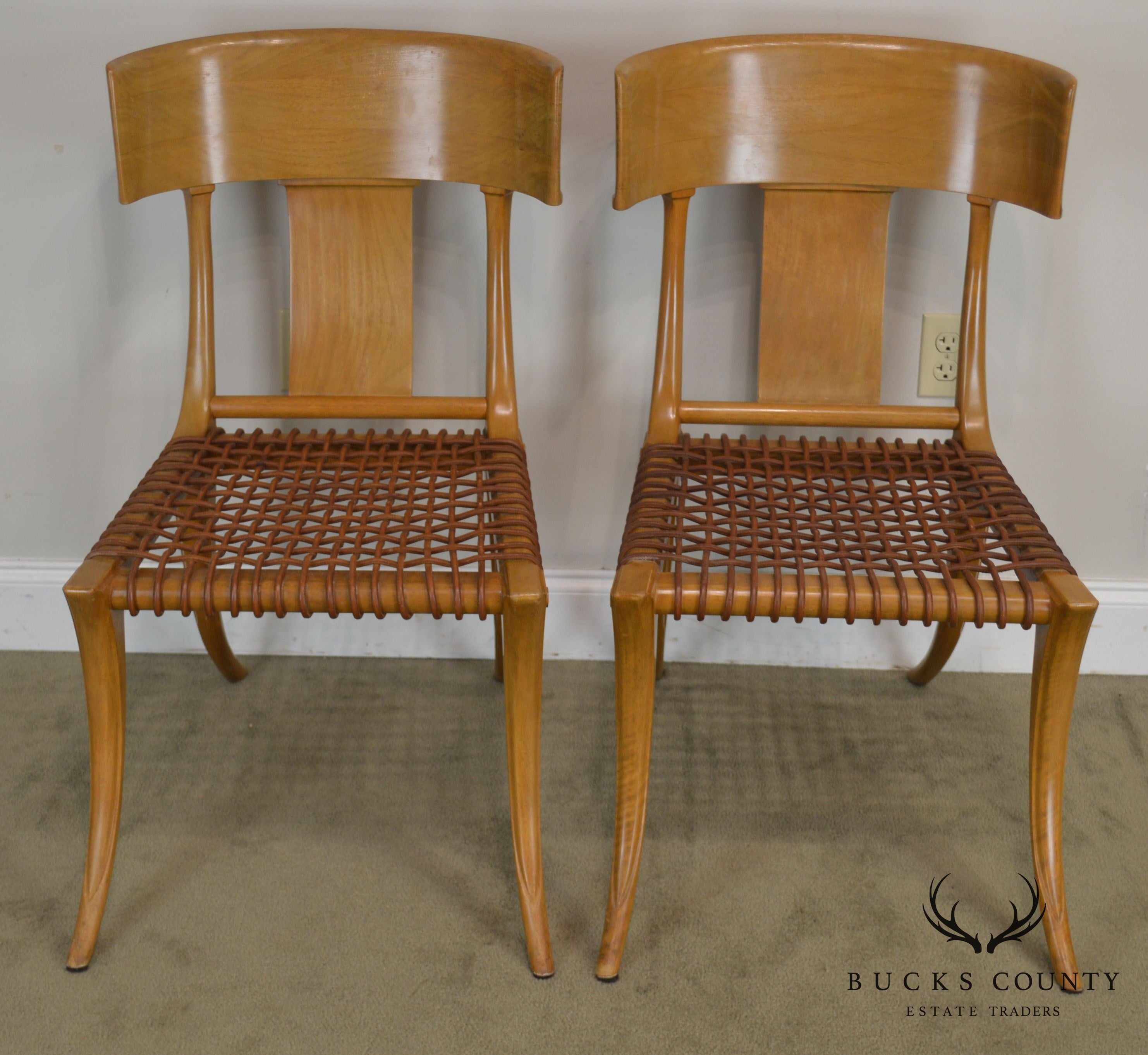 T. H. Robsjohn Gibbings Saridis of Athens Walnut & Leather Pair Klismos Chairs