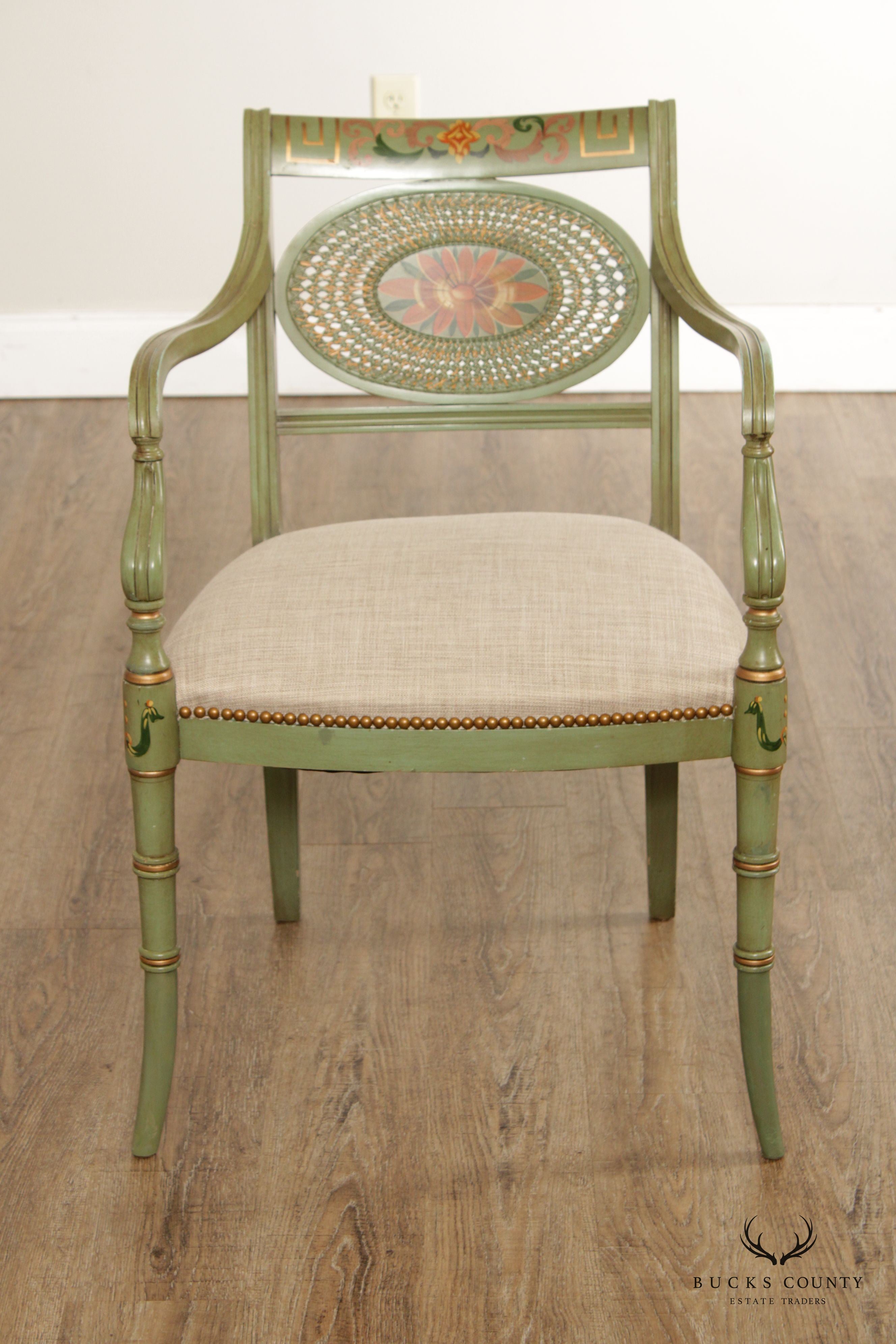 English Regency Style Cane Back Green-Painted Armchair