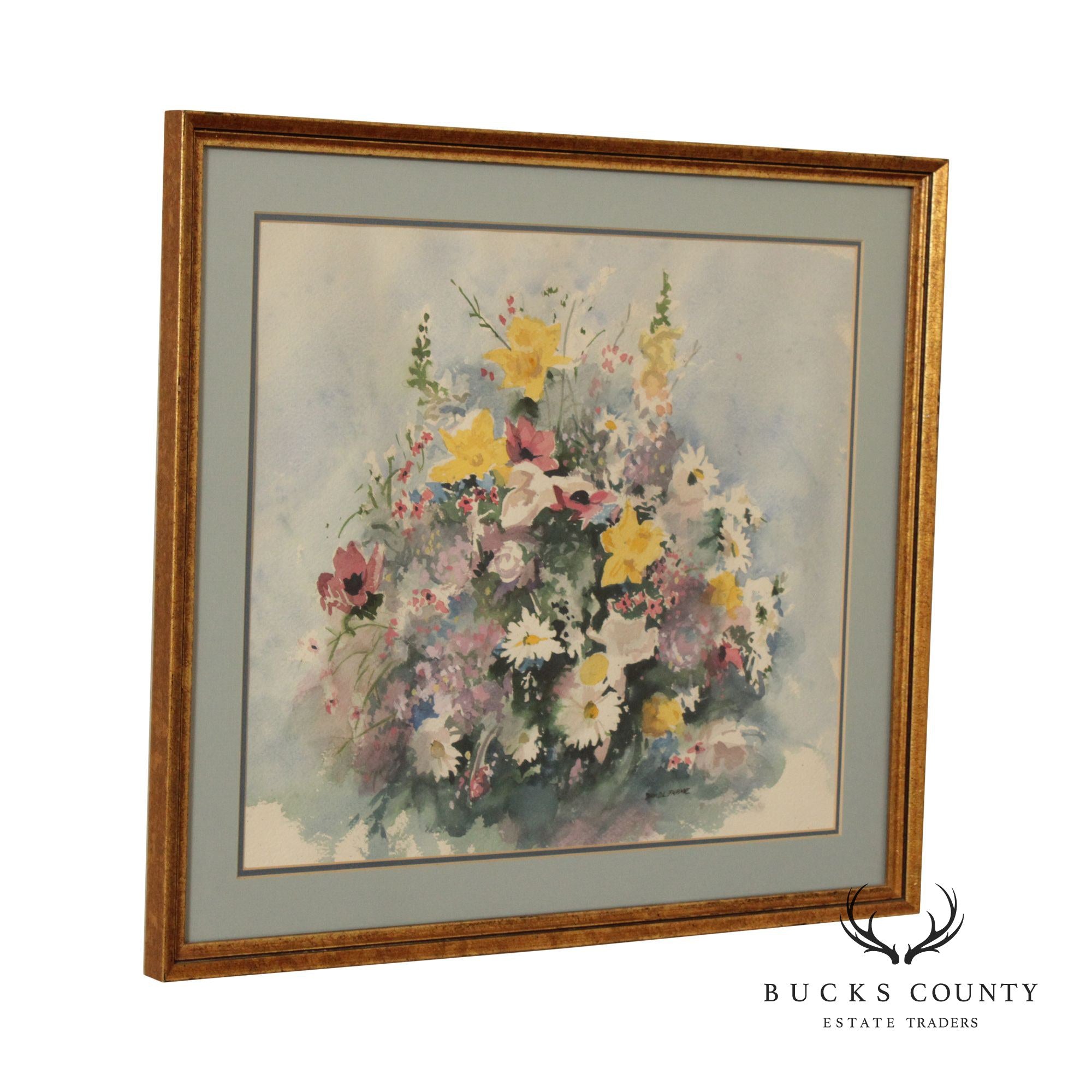 David L. Frame Floral Watercolor Painting, Custom Framed