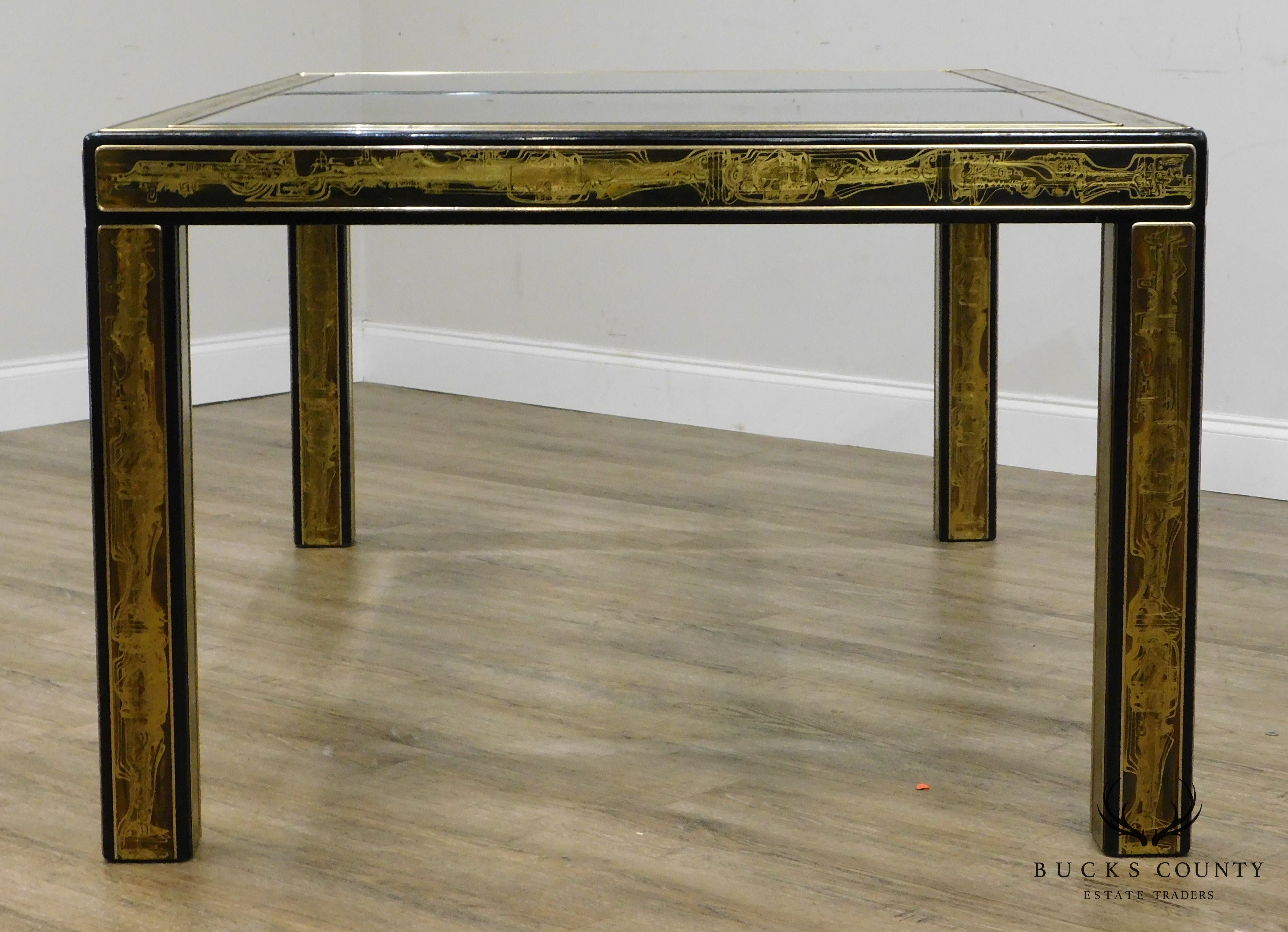 Bernard Rohne Mastercraft Acid Etched Brass, Glass Top Expandable Dining Table