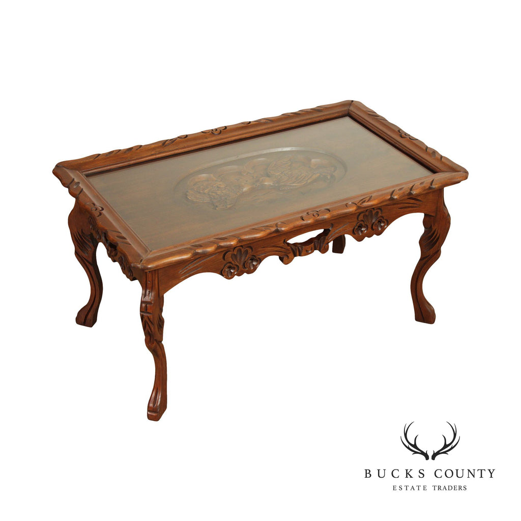 Antique coffee table with 2024 removable glass tray top