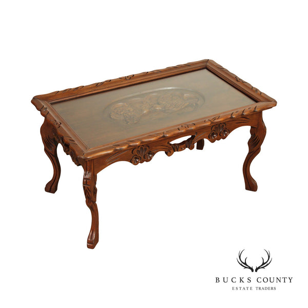 French Style Vintage Glass Top Carved Walnut Coffee Tray Table