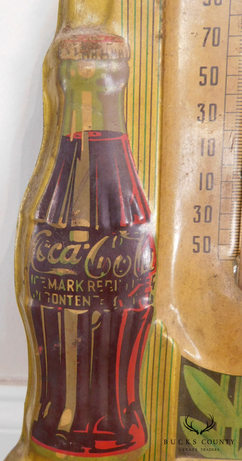 1940's Art Deco Vintage Coca Cola Embossed Tin Advertising Thermometer