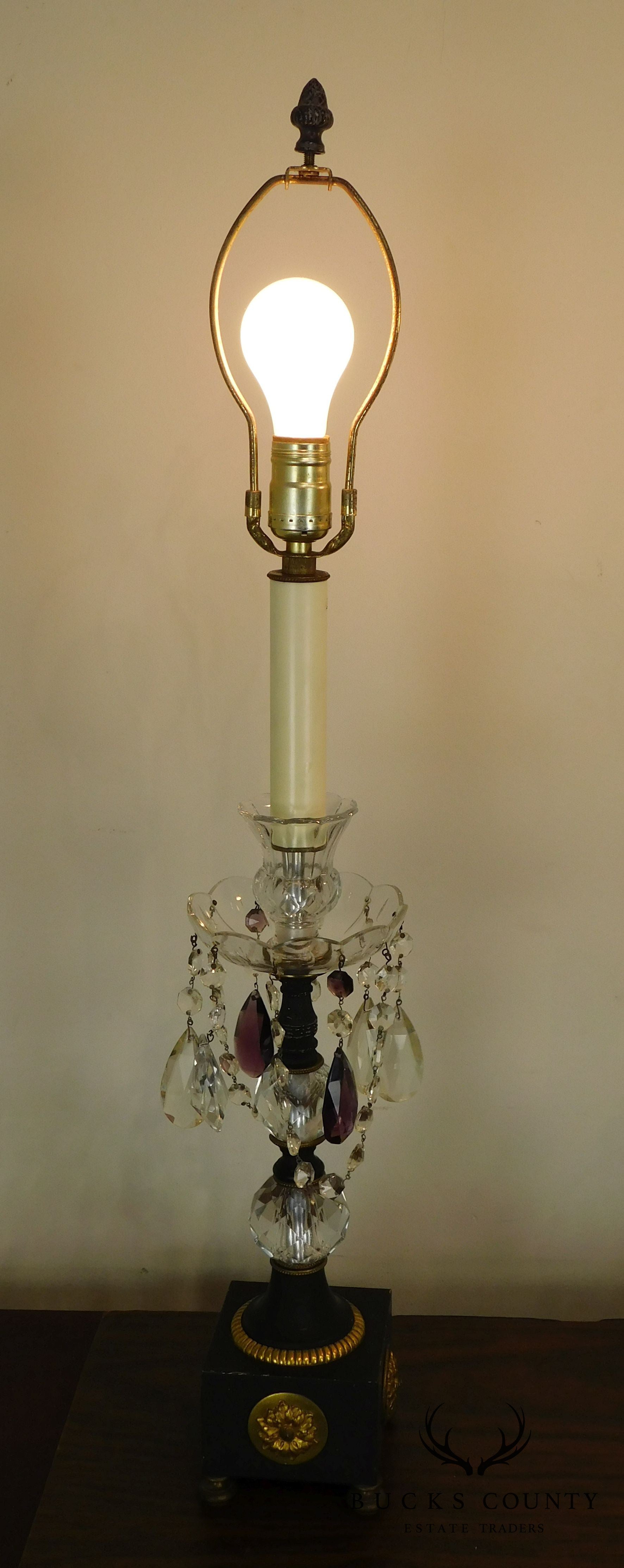 Pair French Empire Table Lamps with Fabric Shades, Turned Stems with Faceted Crystal Balls