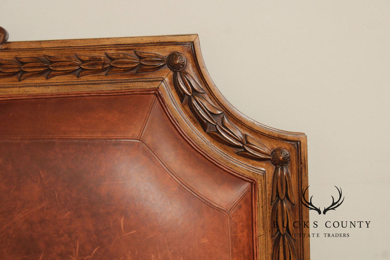 Rustic European Style King Size Carved Wood And Leather Headboard