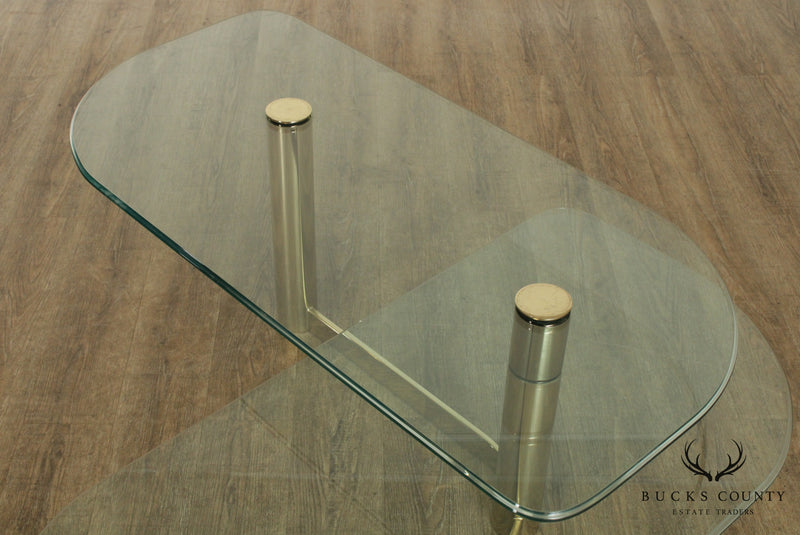 Postmodern 1970's Vintage Brass & Glass 2 Tier L Shape Coffee Table