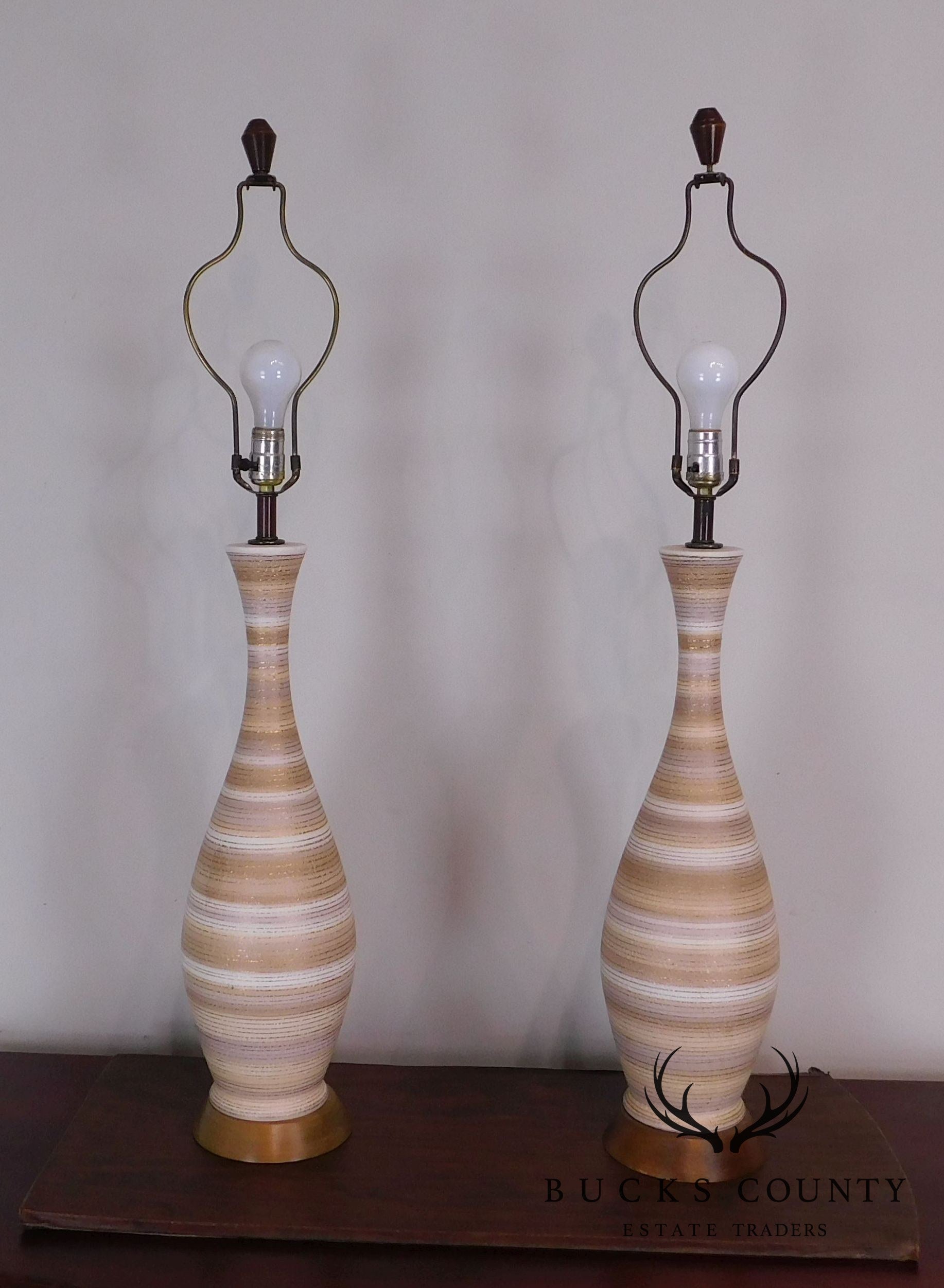 Pair Mid Century Modern Slender Vase Shaped Ceramic Table Lamps with Copper Foil Shades