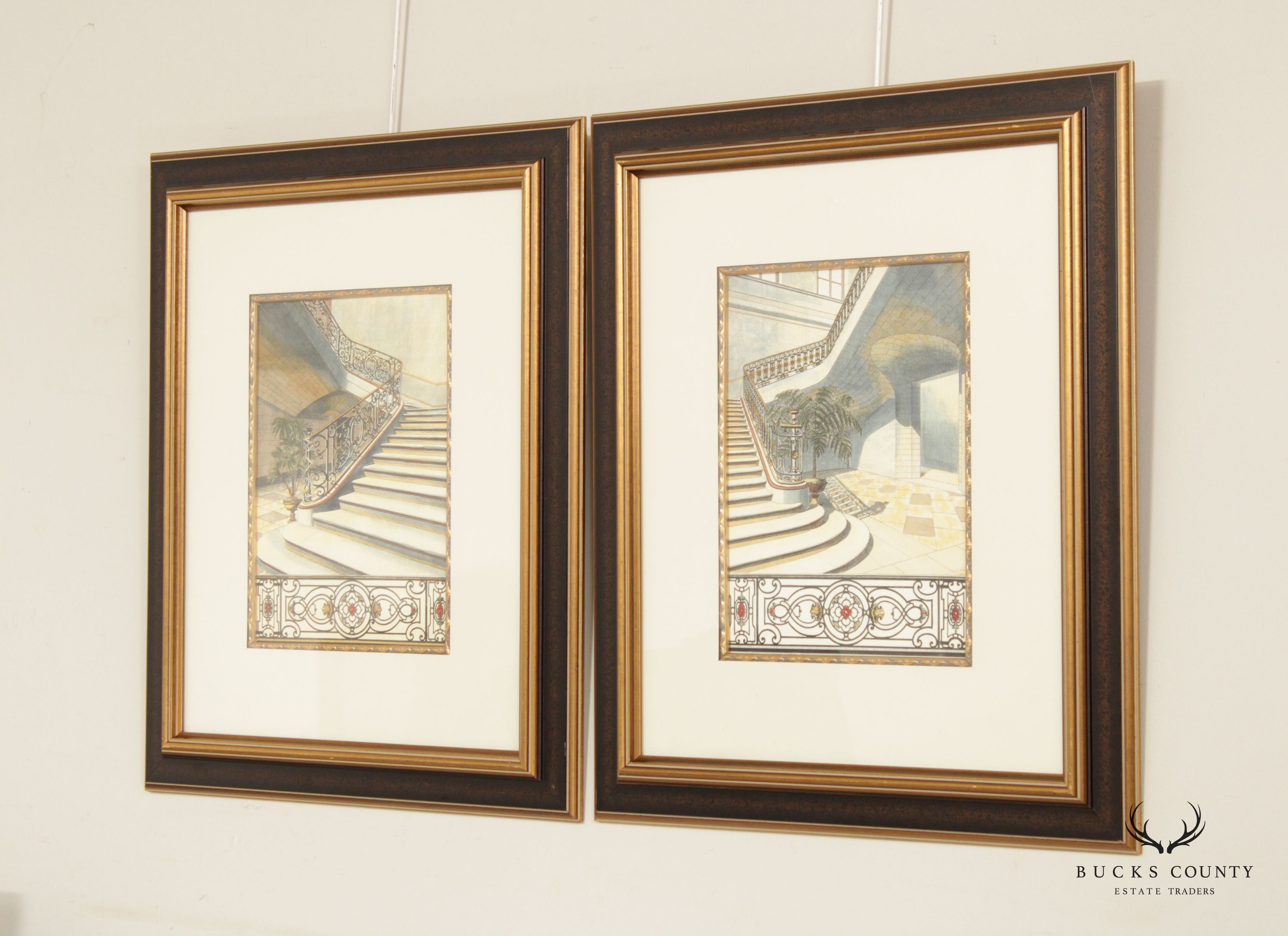 Art Nouveau Style Pair Architectural Staircase Prints, Custom Framed