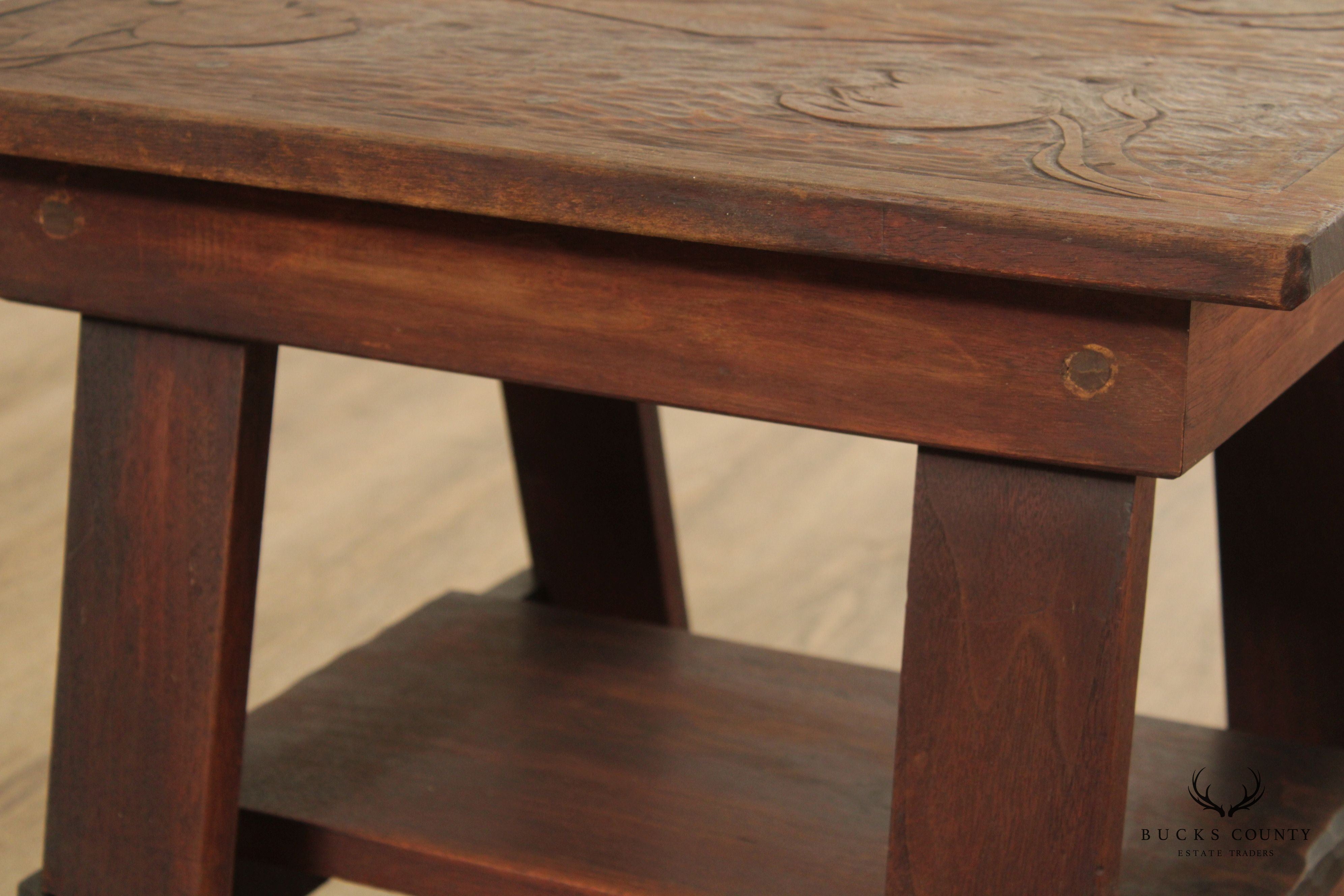 C.W. Davis Arts & Crafts Style Carved Side Table