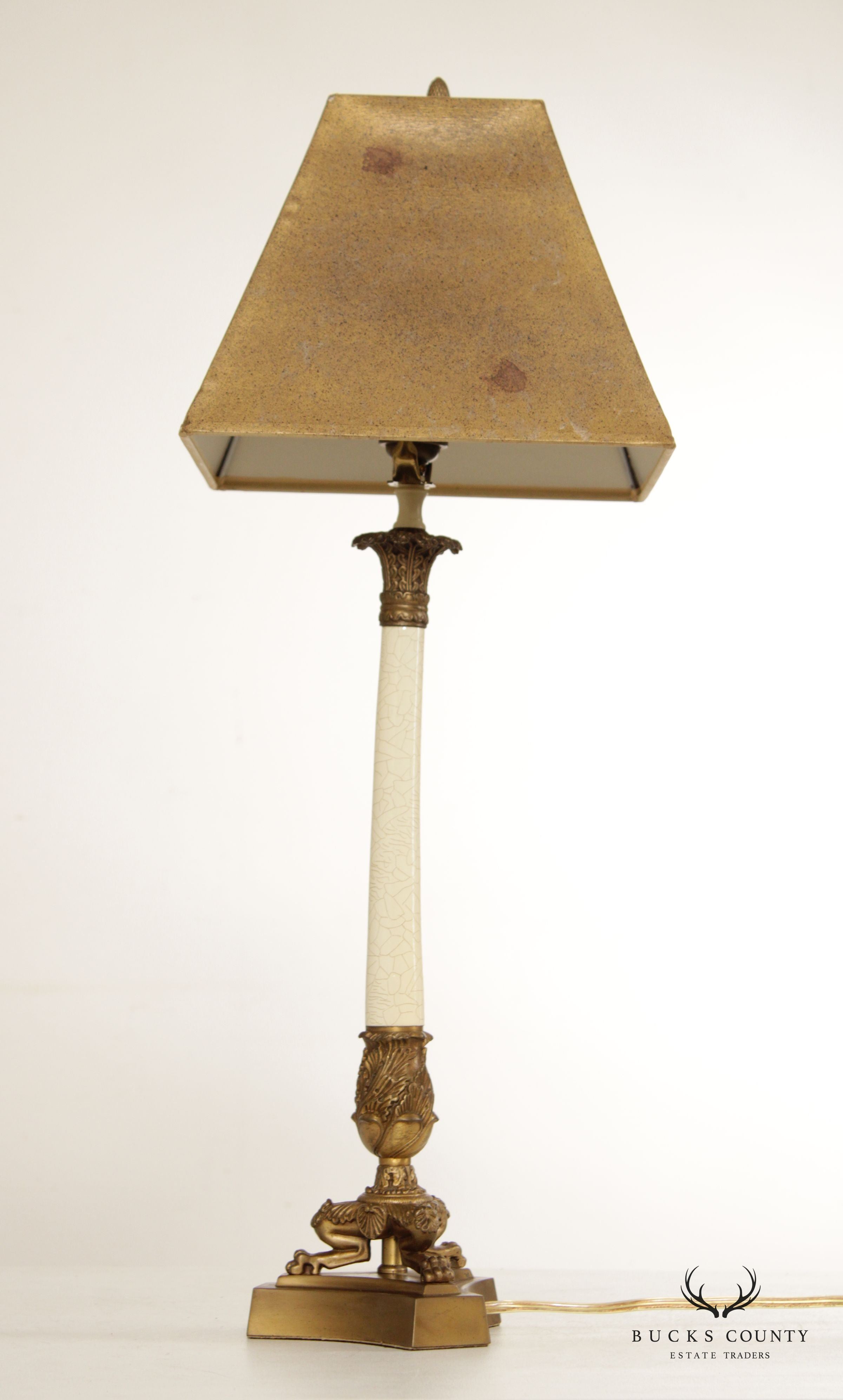 French Neoclassical Style Pair Brass Column Table Lamps