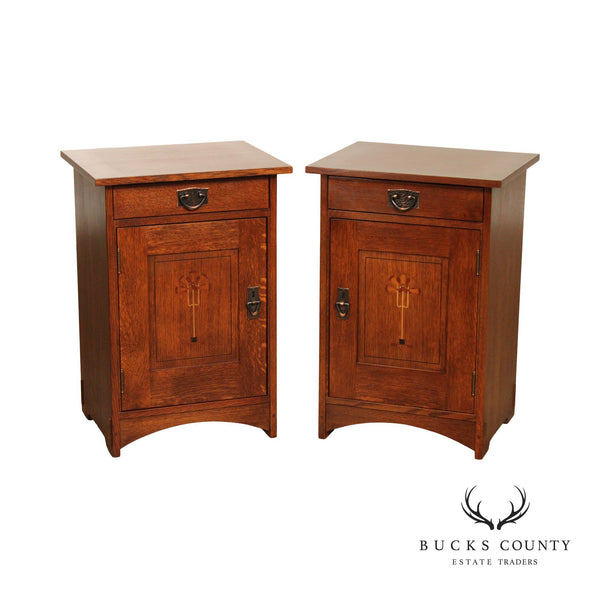 STICKLEY HARVEY ELLIS INLAID OAK PAIR NIGHTSTANDS CABINETS, LIMITED EDITION 2003