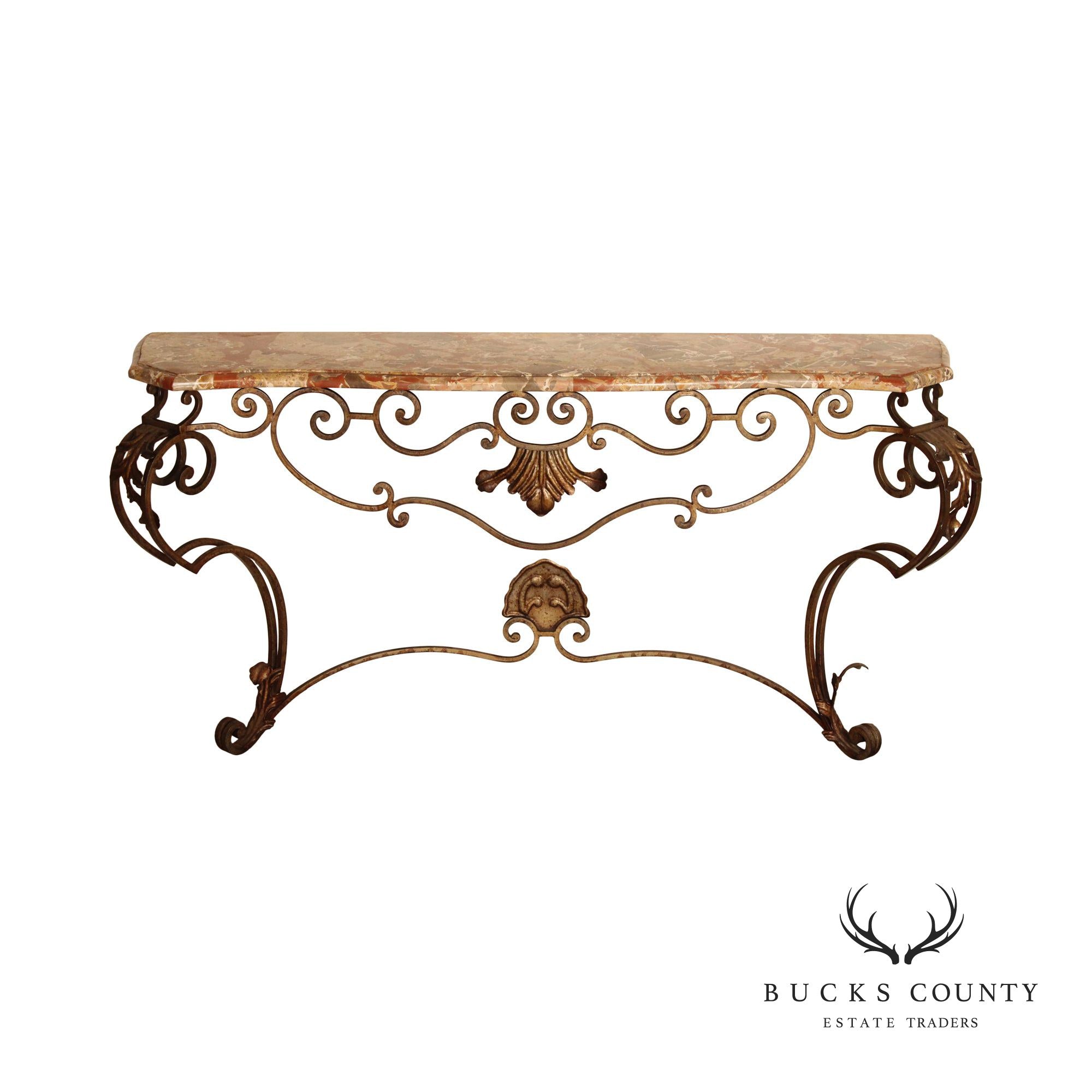 Rococo Style Custom Wrought Iron Marble Top Console Table