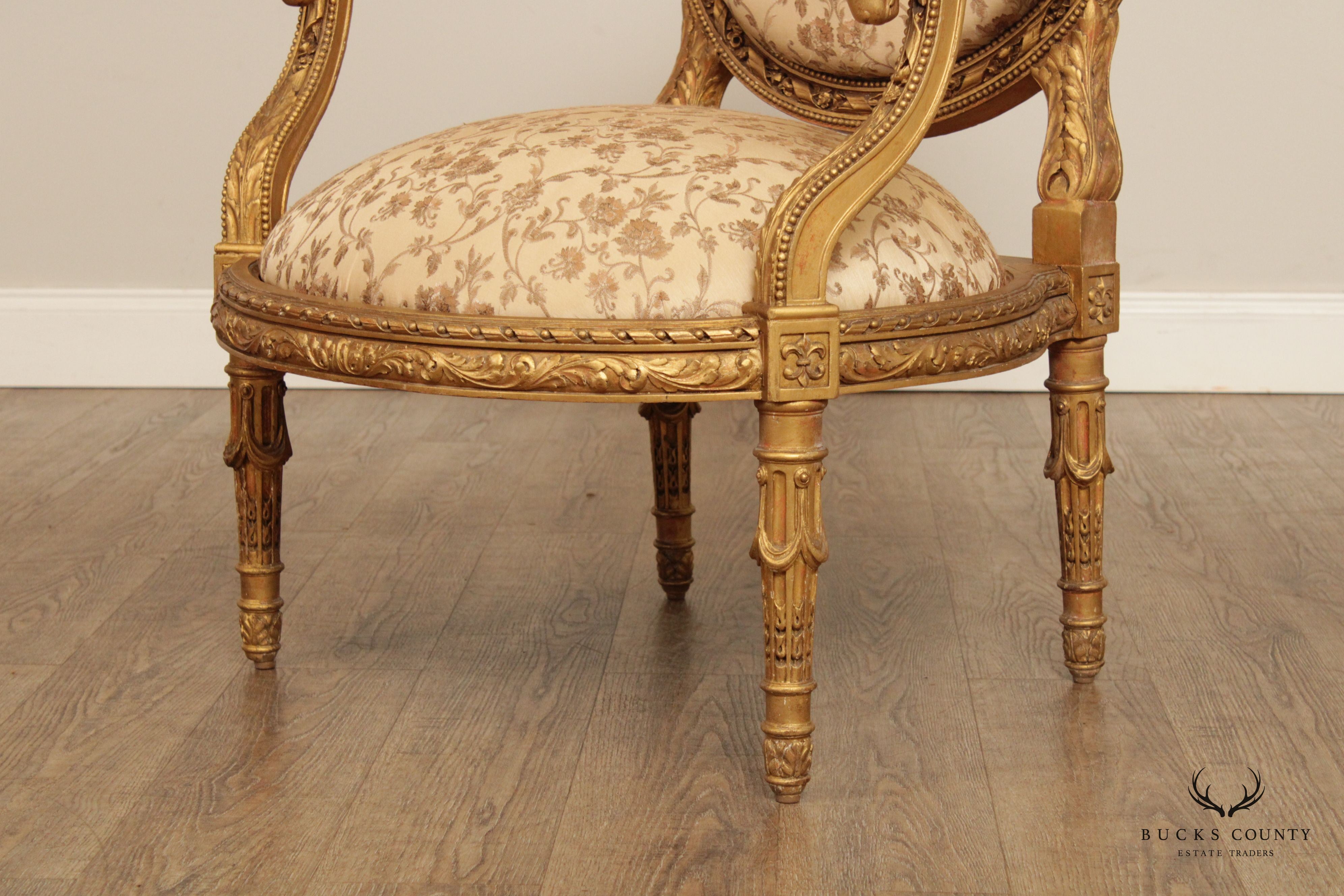 Antique French Louis XVI Style Carved Giltwood Fauteuil Armchair