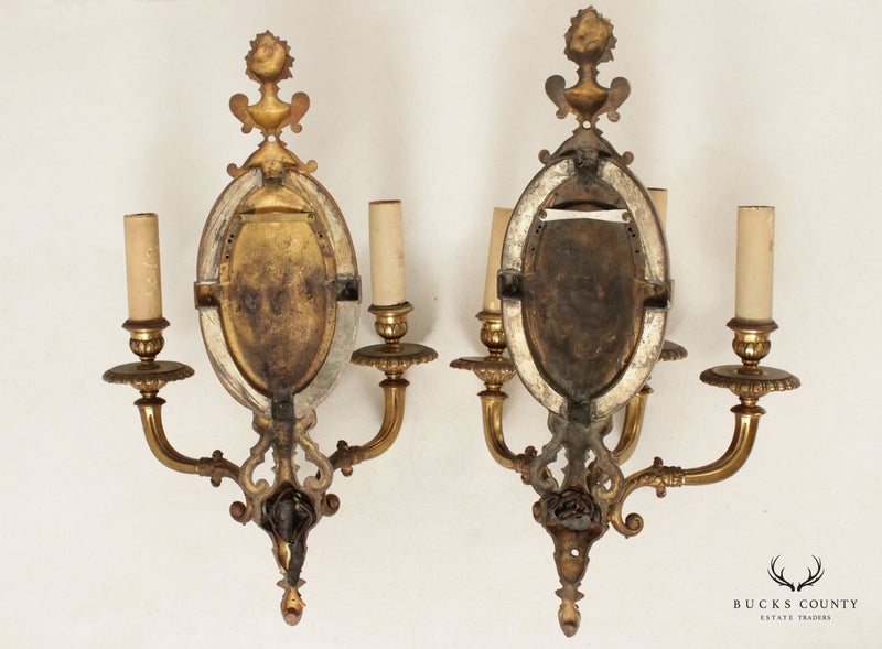 Antique Neoclassical Style Pair Brass Candelabra Wall Lamp Sconces