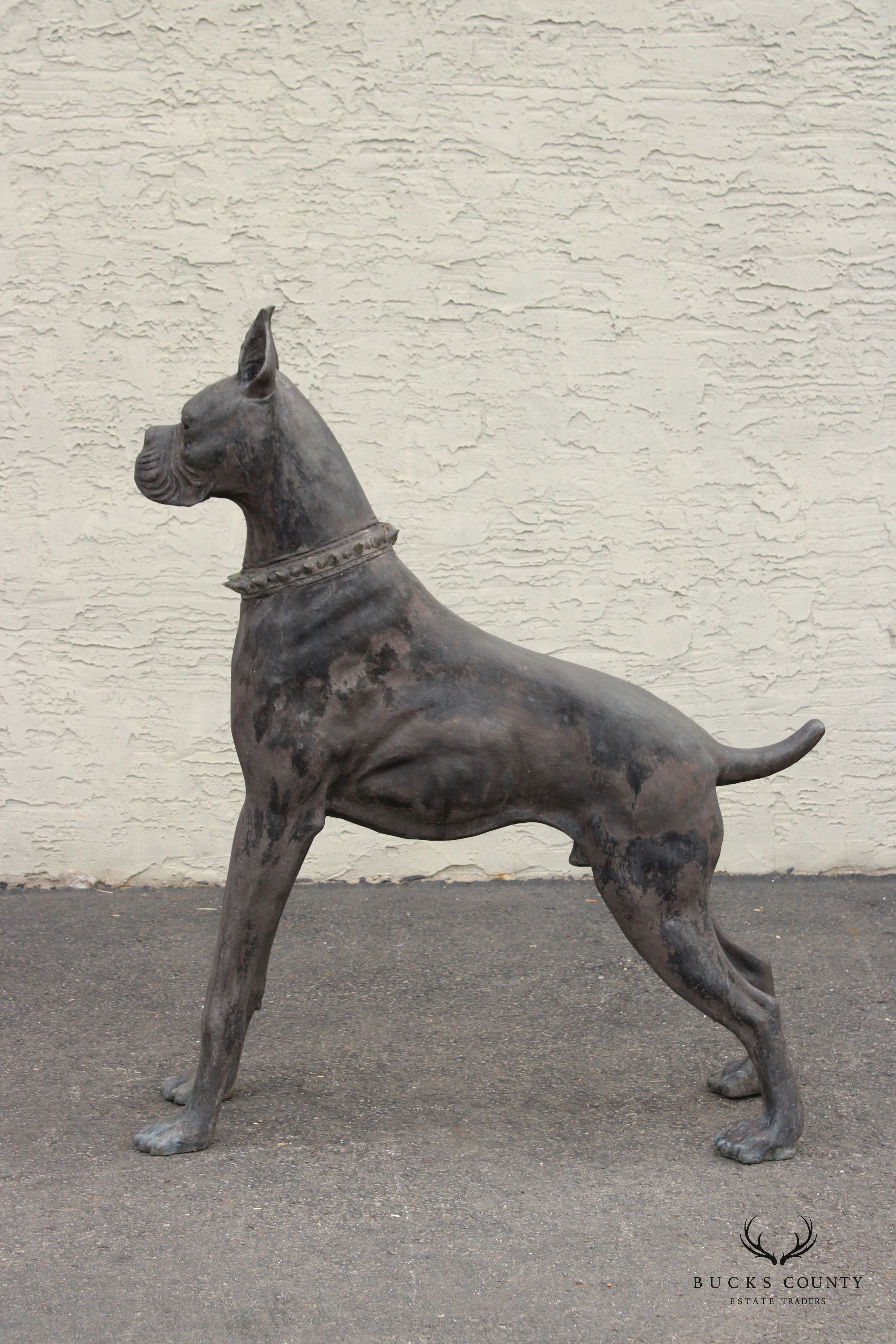 Large Pair of Patinated Bronze Boxer Dogs Garden Statues