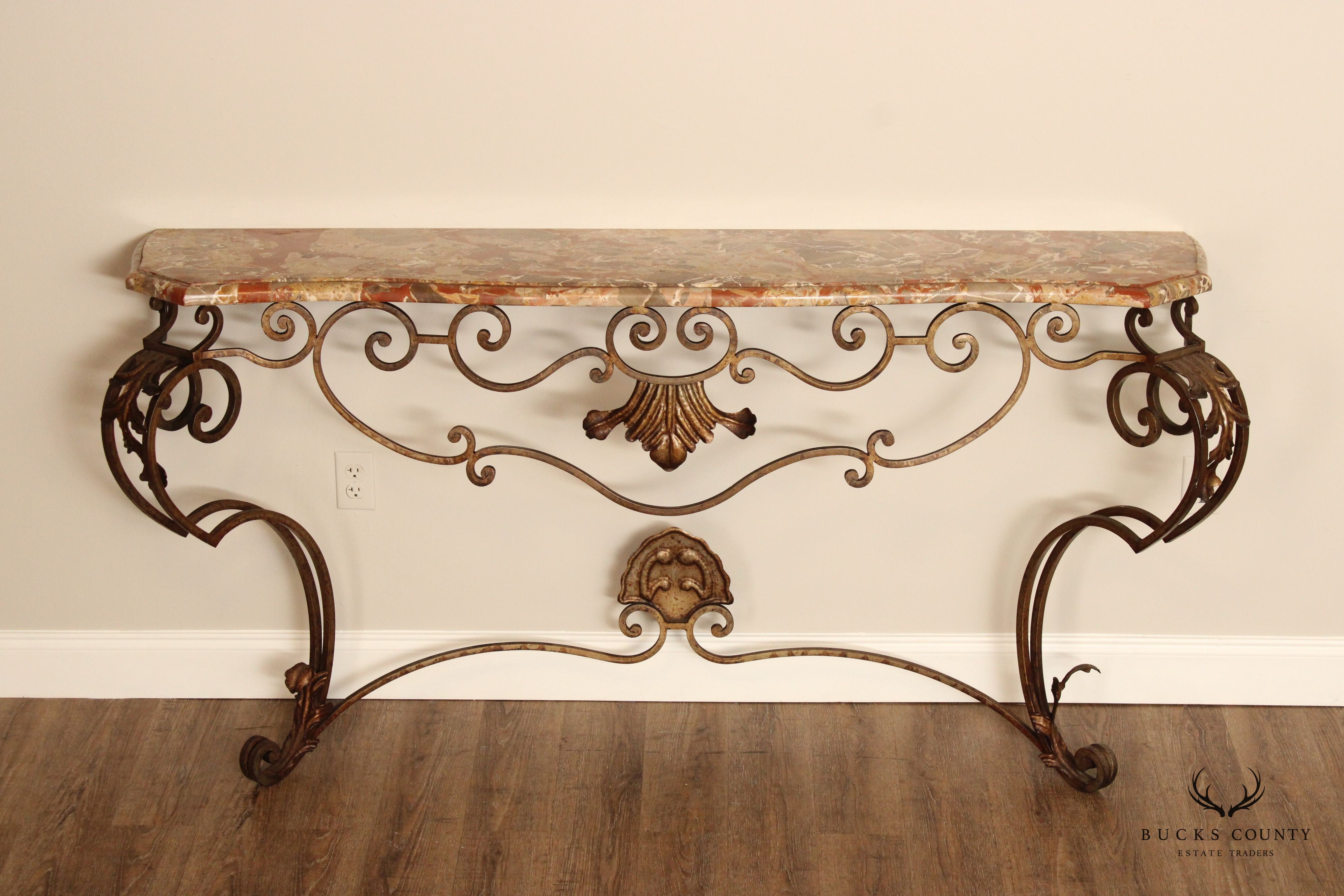 Rococo Style Custom Wrought Iron Marble Top Console Table