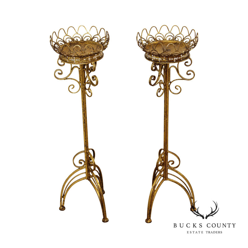 Hollywood Regency Pair Gilt Metal Scroll Candle Stands