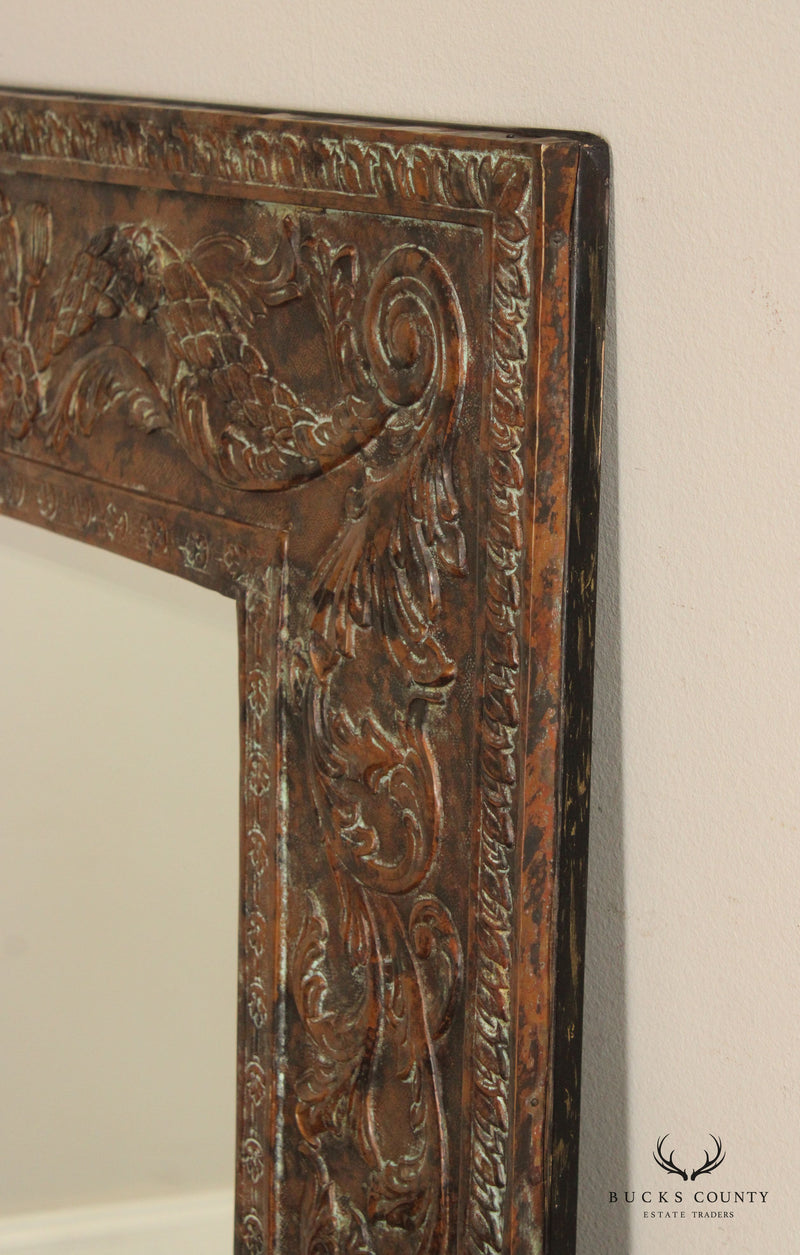 Vintage Patinated Embossed Copper Frame Beveled Wall Mirror
