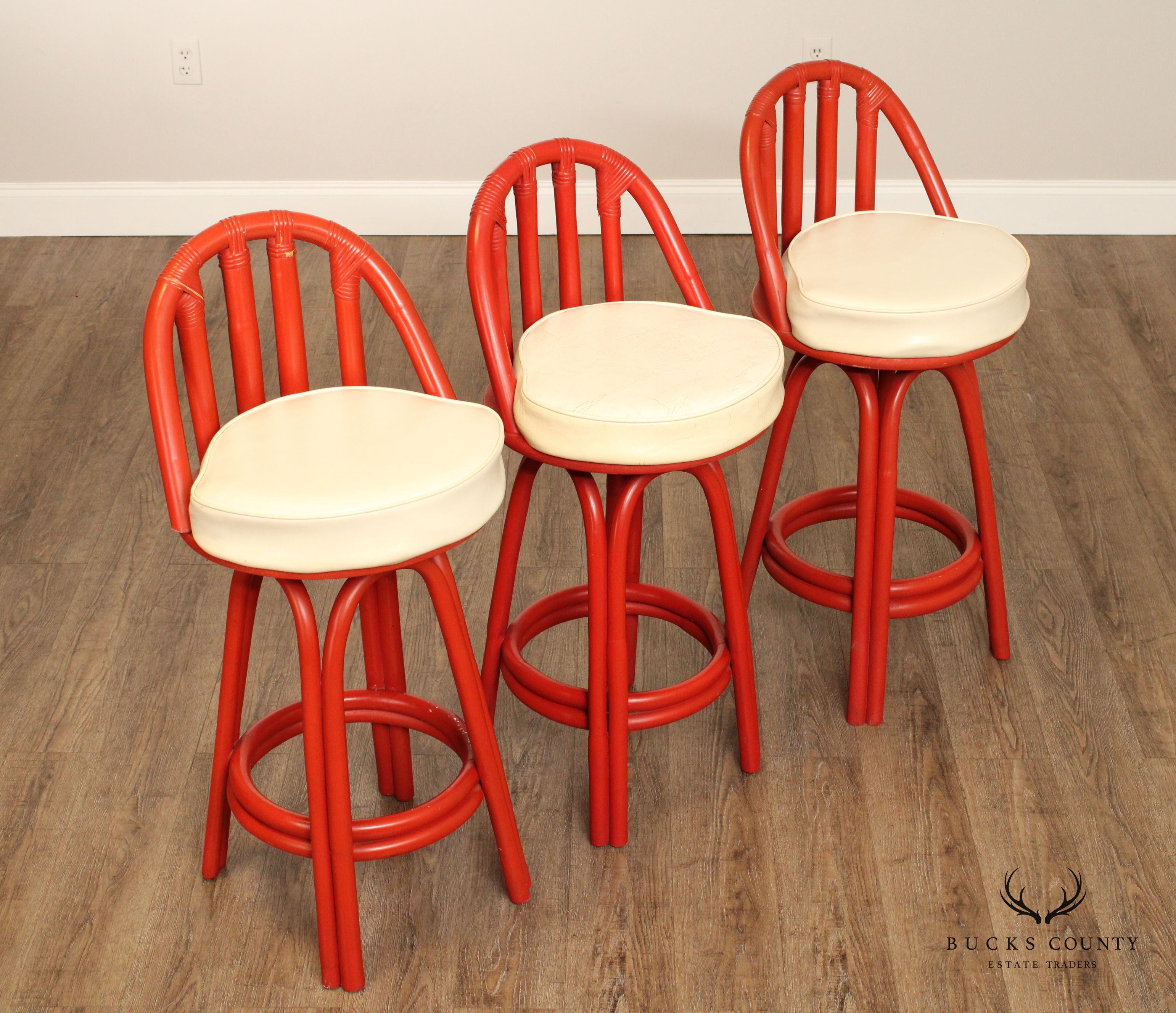 Vogue Rattan Manufacturing Co. Set of Three Rattan Swivel Bar Stools