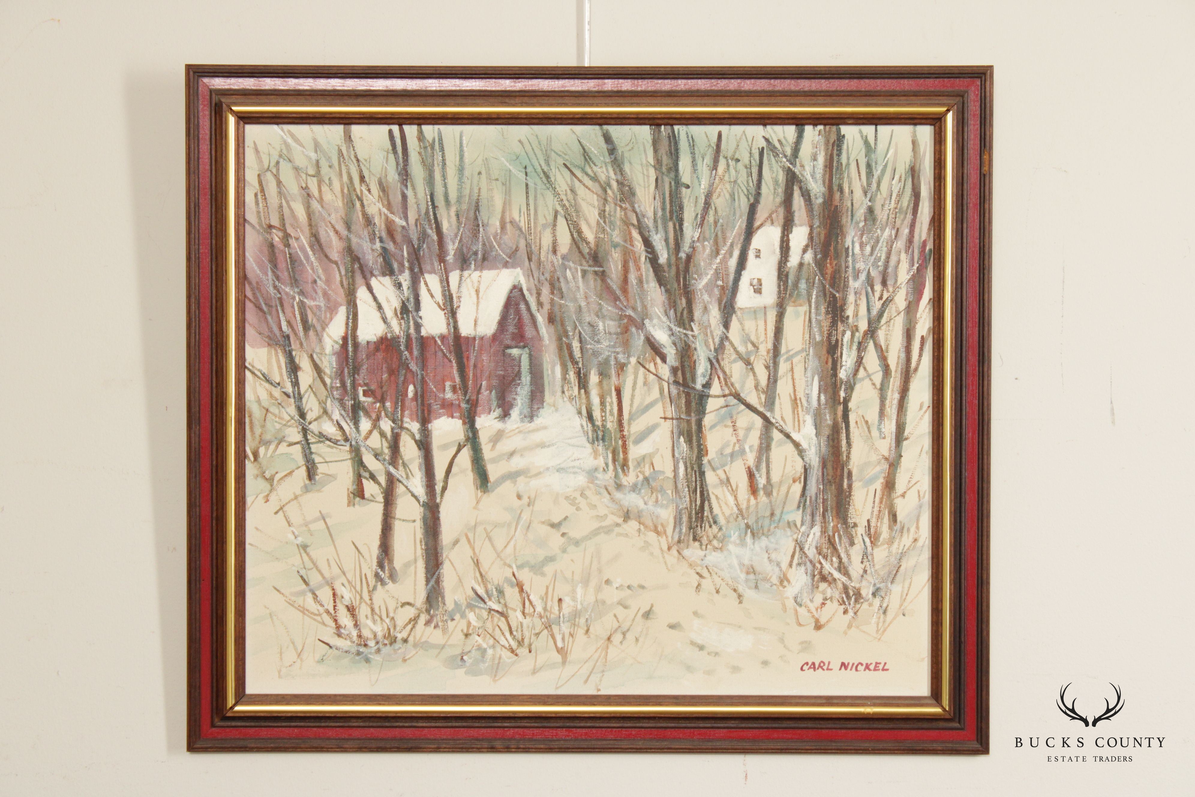 Carl Nickel Red Barn in Winter Landscape Oil Painting, Custom Framed