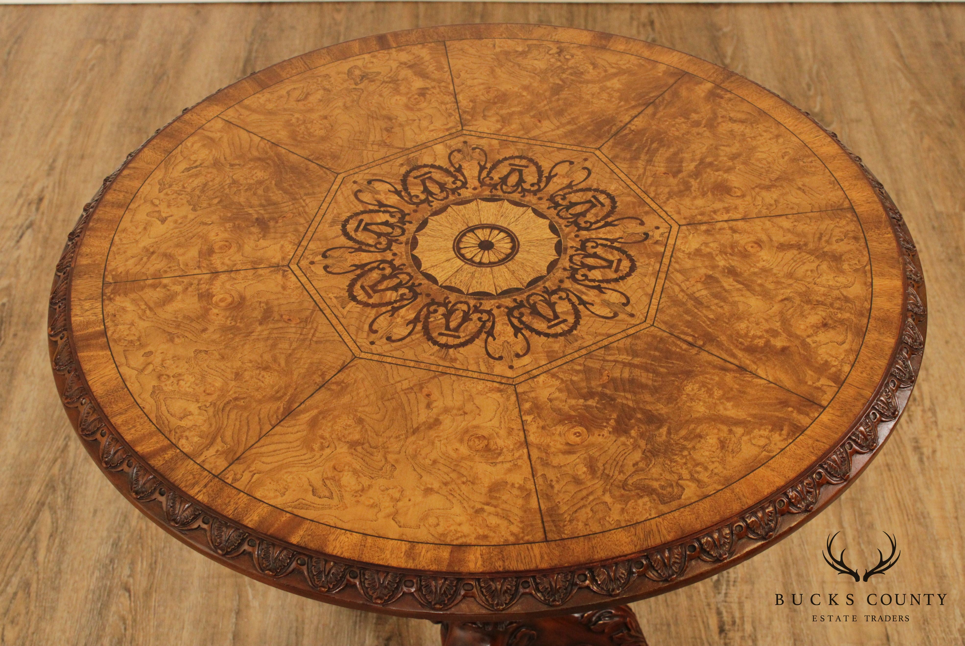 Maitland Smith Georgian Style Carved Mahogany, Round Inlaid Top Side Table