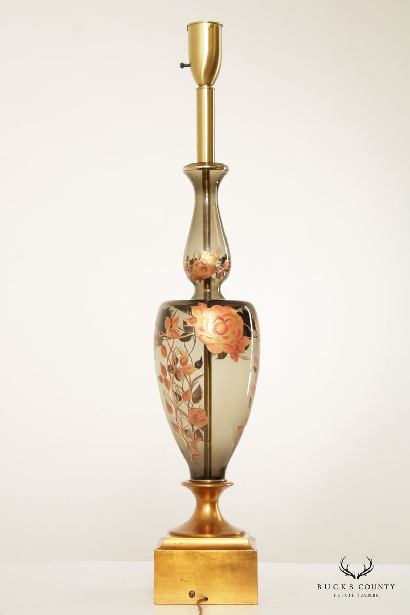 Murano Hollywood Regency Floral Hand-Painted Glass Tall Table Lamp