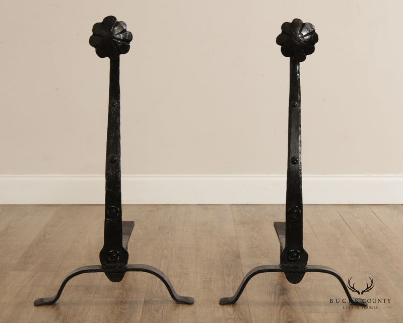 Antique Arts and Crafts Hand Wrought Pair of Andirons