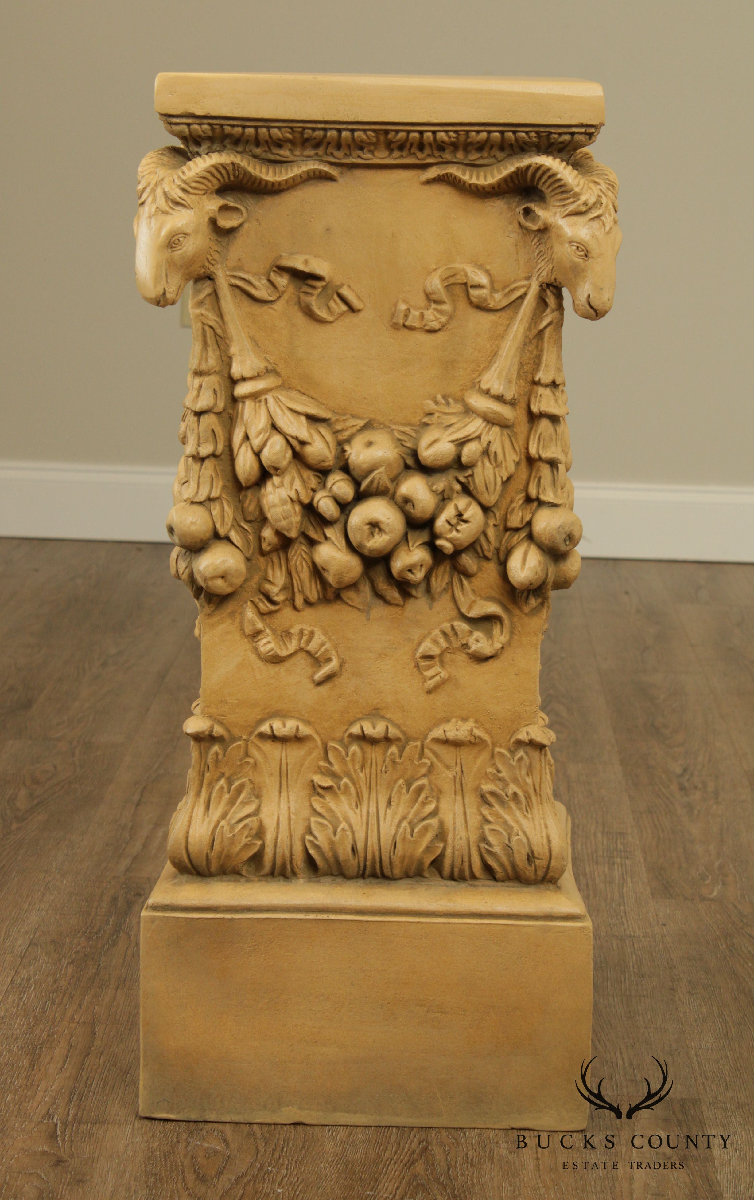 Impruneta Italian Renaissance Style Vintage Carved Column Pedestal with Rams Heads