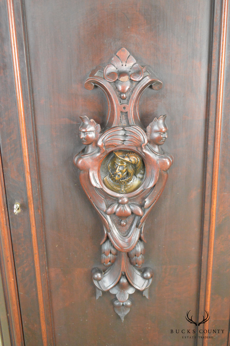 Antique 19th Century Walnut Renaissance Revival Music Cabinet with Bronze Figural Plaque