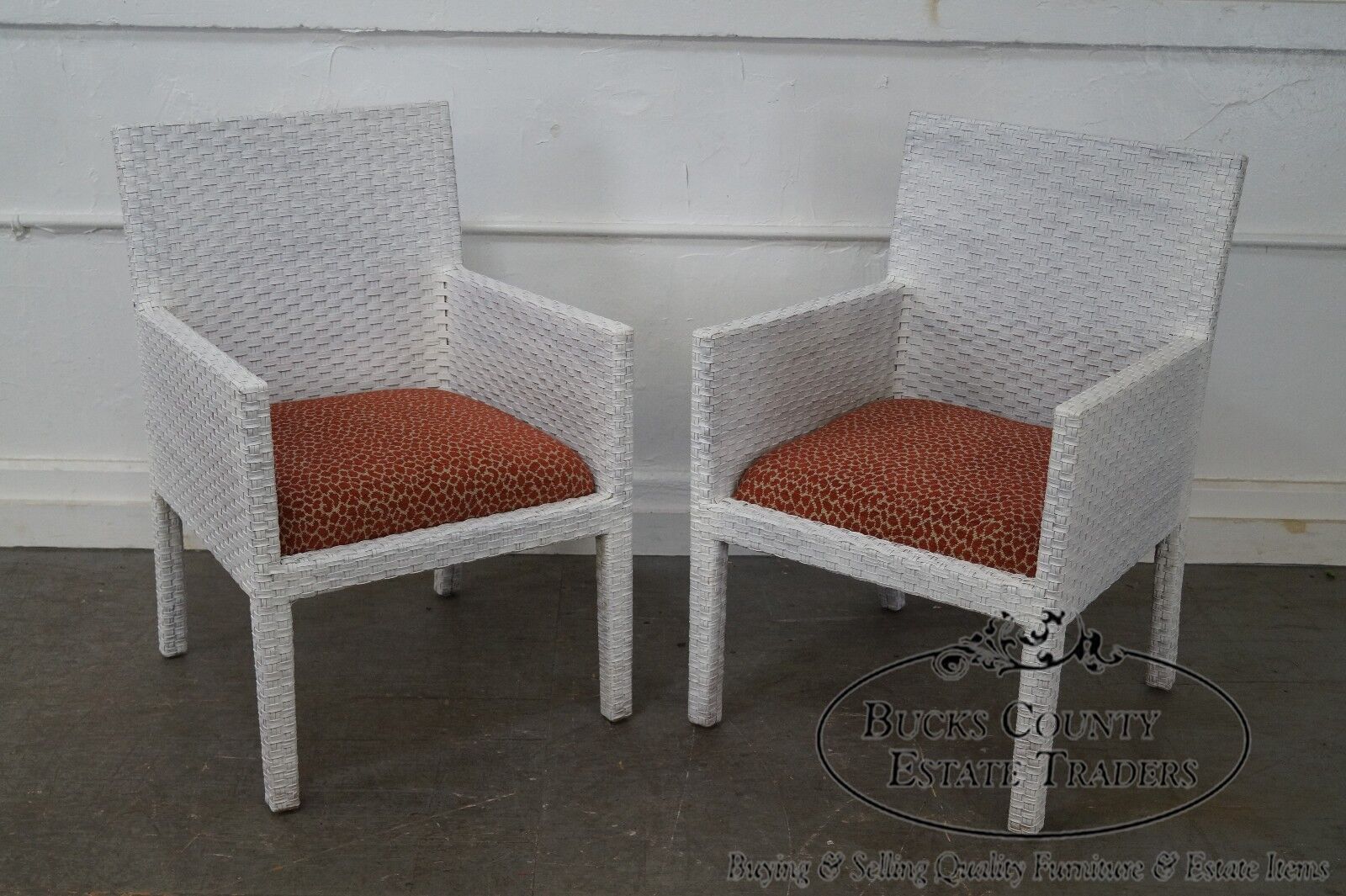 Quality Pair of White Woven Leather Arm Chairs