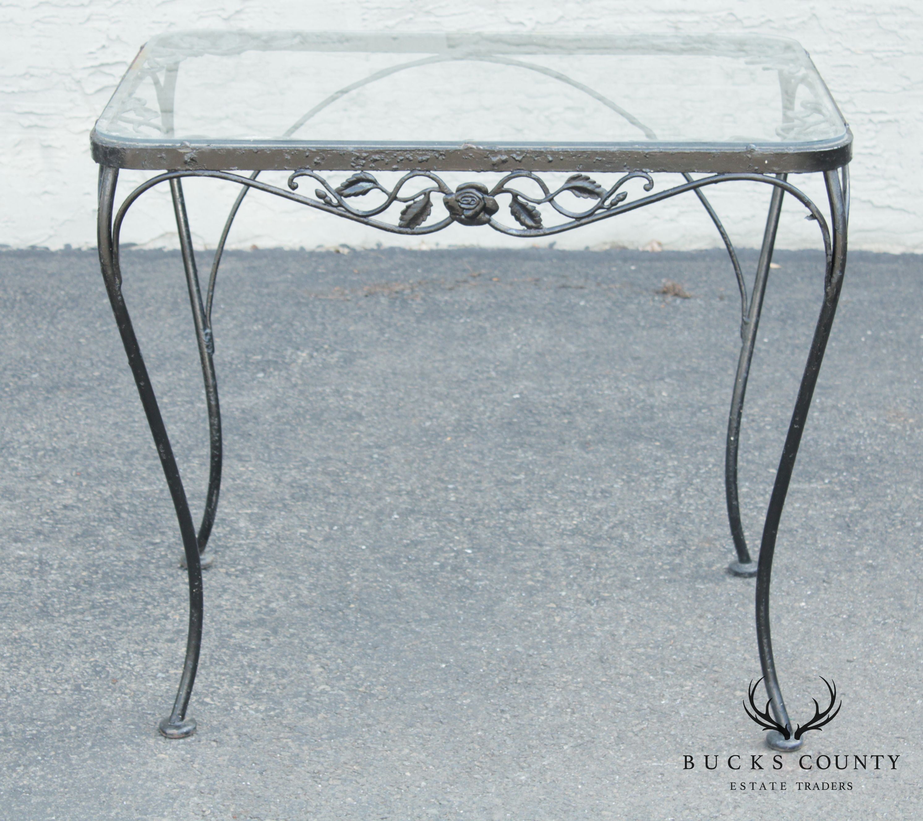 Woodard Chantilly Rose Vintage Wrought Iron Glass Top Patio, Garden Table