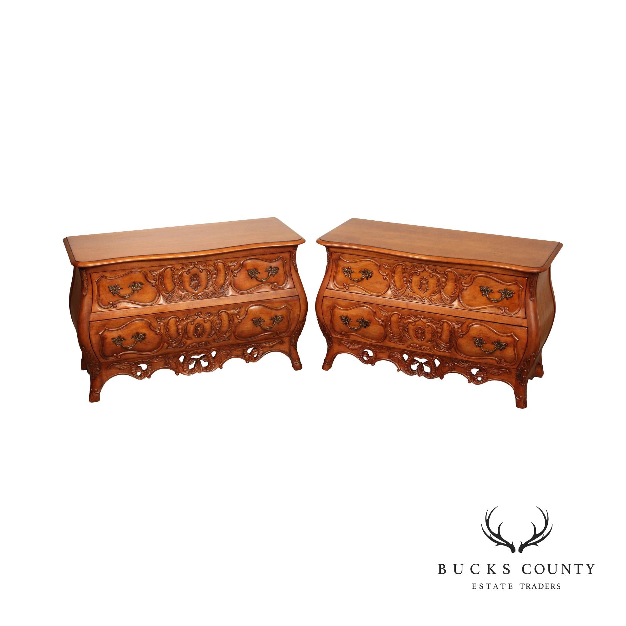 Century Furniture 'Coeur de France' Pair of Carved Cherry Bombe Chests