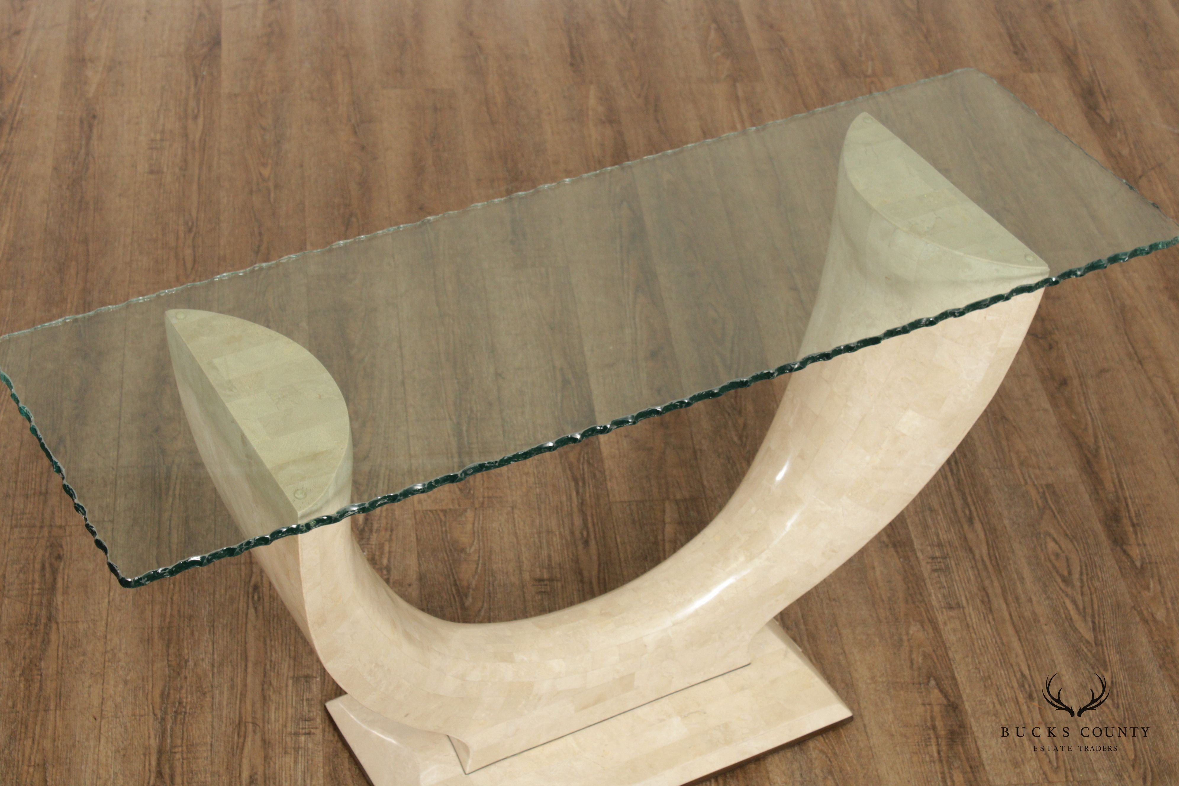 Organic Modern Tessellated Faux Stone and Glass Top Console Table