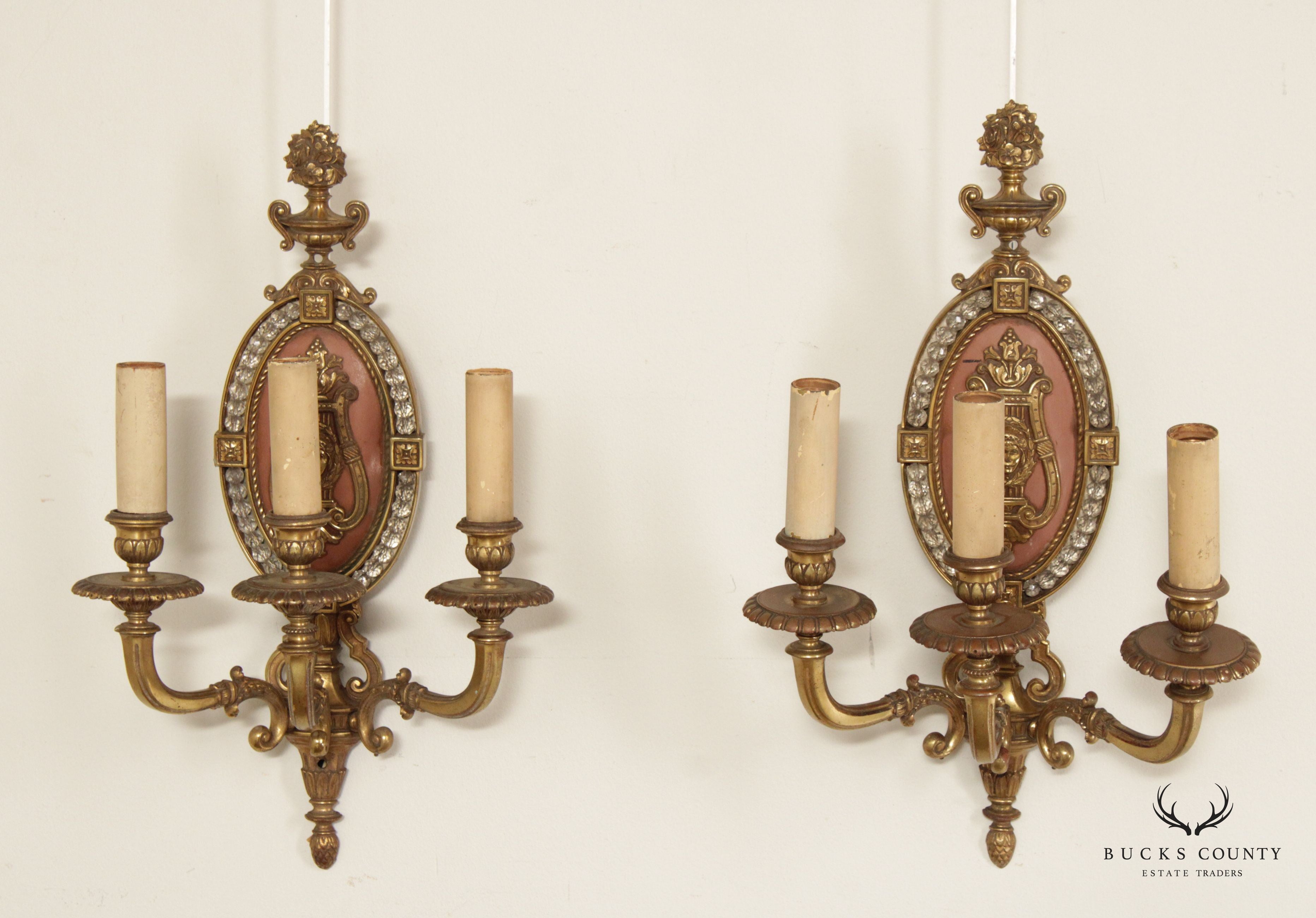 Antique Neoclassical Style Pair Brass Candelabra Wall Lamp Sconces