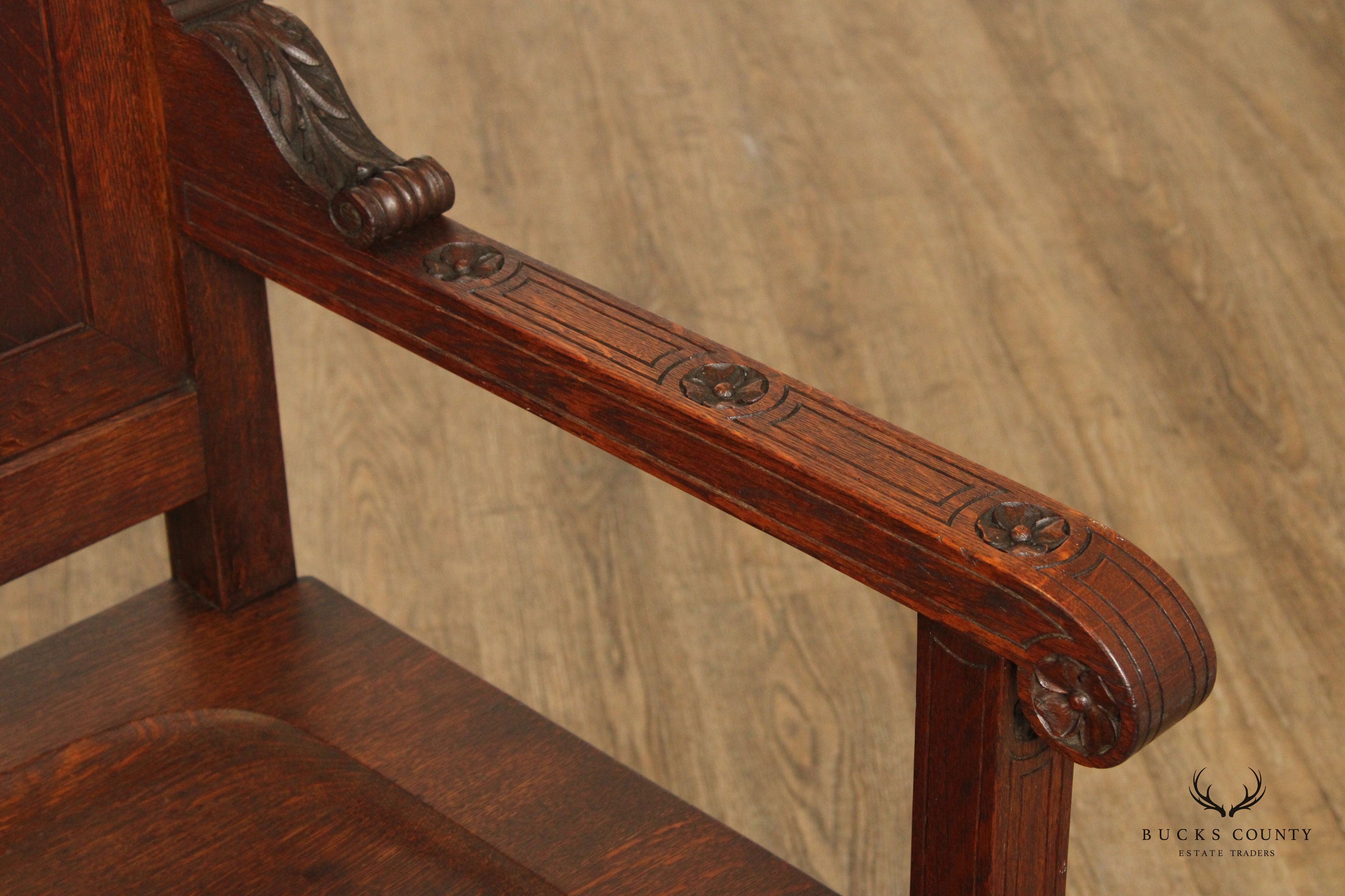 English Traditional Pair of Carved Oak Wainscot Armchairs