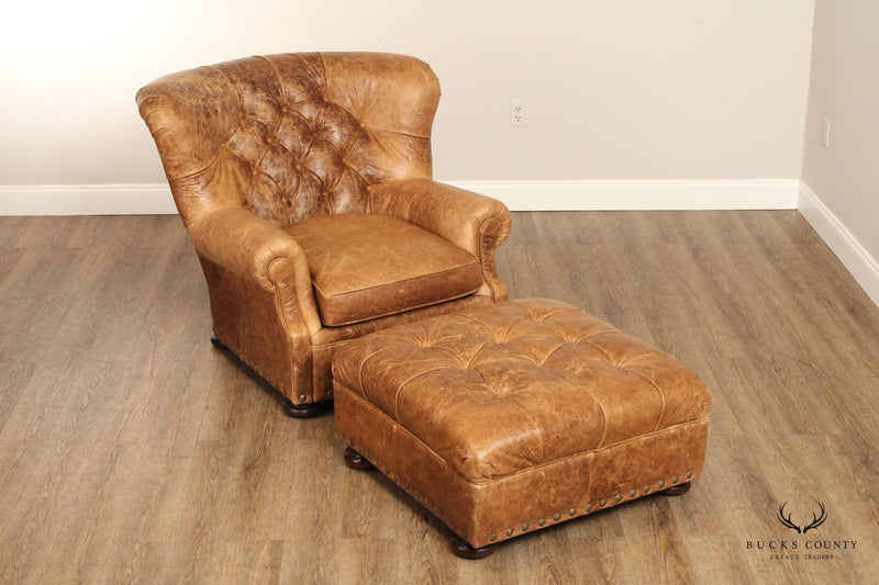 Quality Tufted Leather Writer's Club Chair and Ottoman