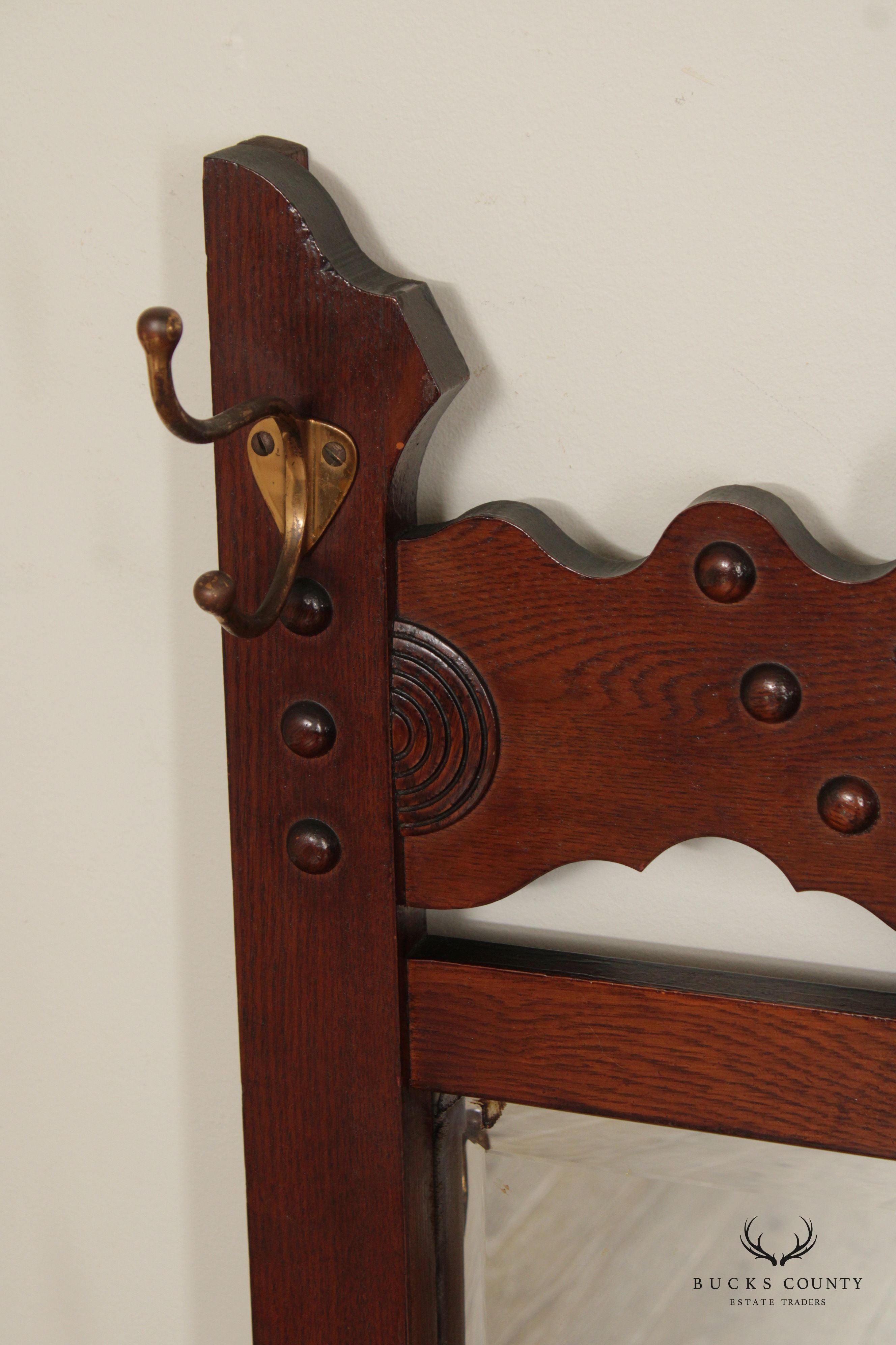 Antique Victorian Oak Hat Rack Wall Mirror