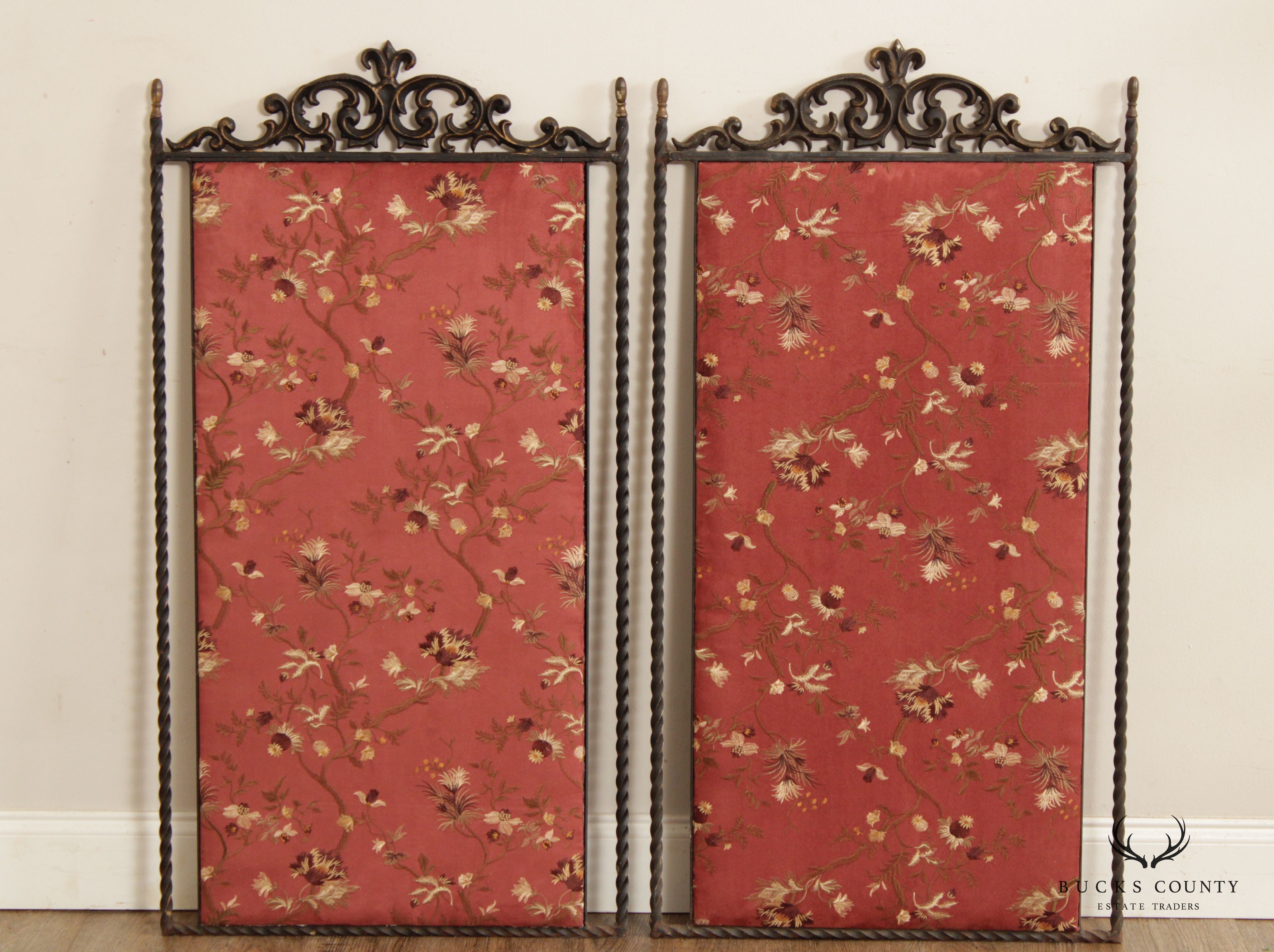 Antique Pair Embroidery & Wrought Iron Decorative Wall Panels