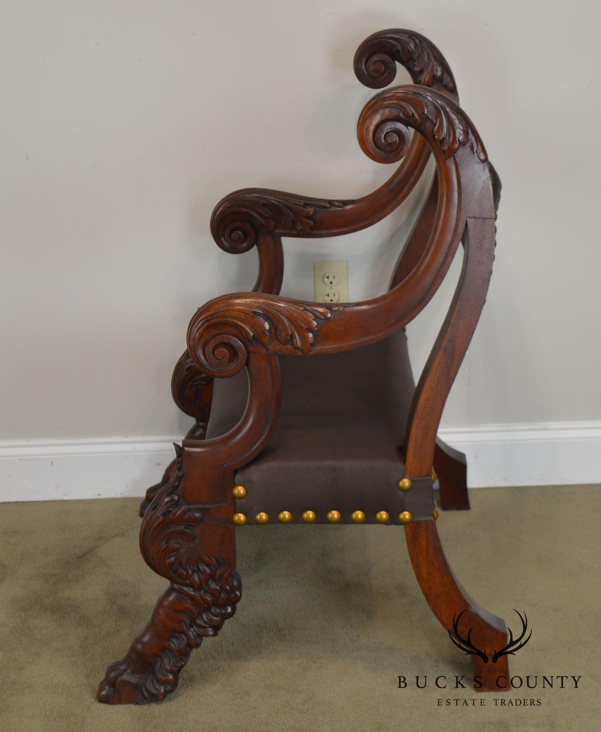 Antique 19th Century Unusual Italian Renaissance Revival Carved Claw Foot Leather Armchair