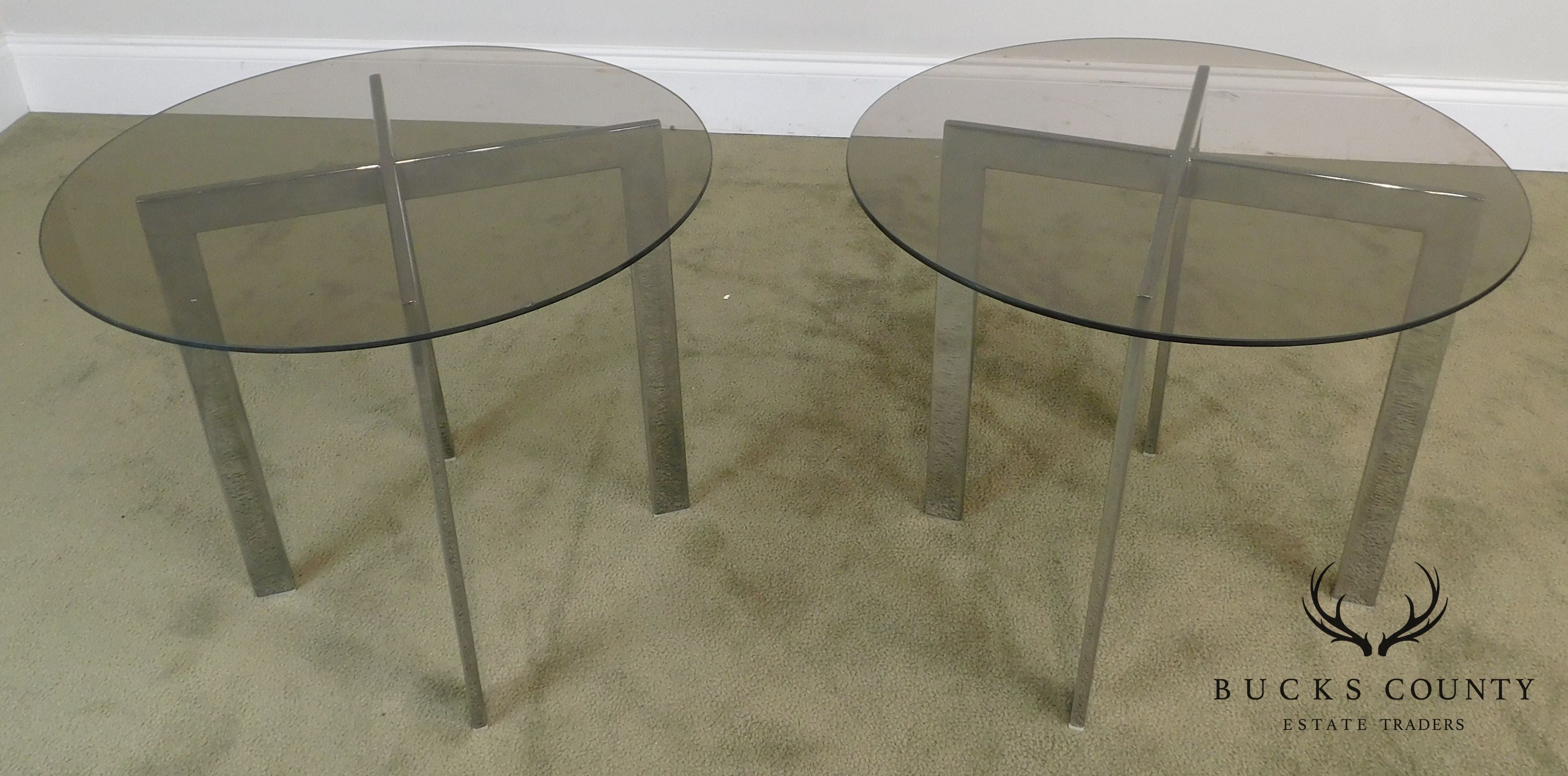 Milo Baughman Style Mid Century Pair Chrome Base Round Smoked Glass Side Tables