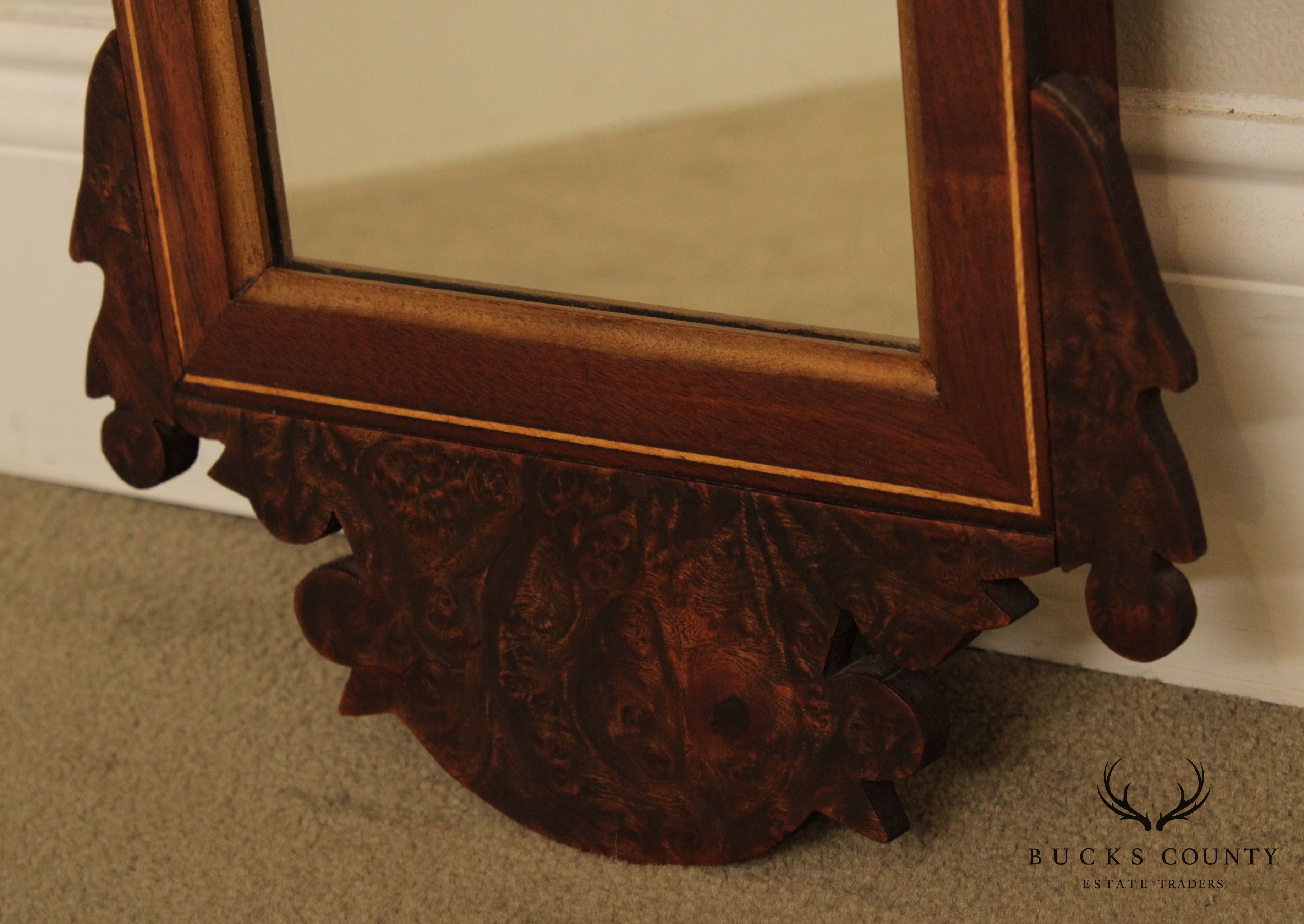 Chippendale Style Hand Crafted Mahogany & Burl Wood Pair Small Mirrors