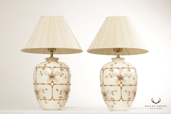 Vintage Pair of Floral Faux Bamboo Decorated Ceramic Table Lamps