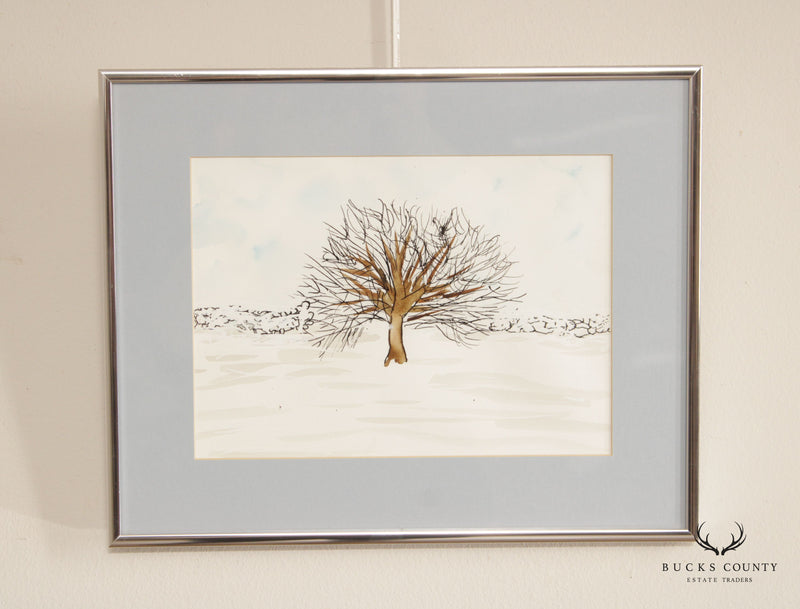 Vintage 20th C. Illustrative Winter Tree Watercolor Drawing