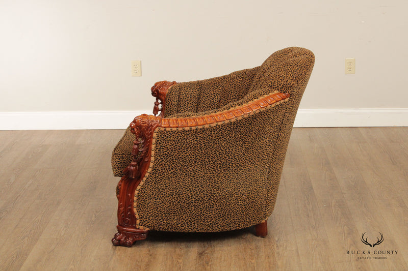 1920s Lion Carved Custom Upholstered Barrel Club Chair