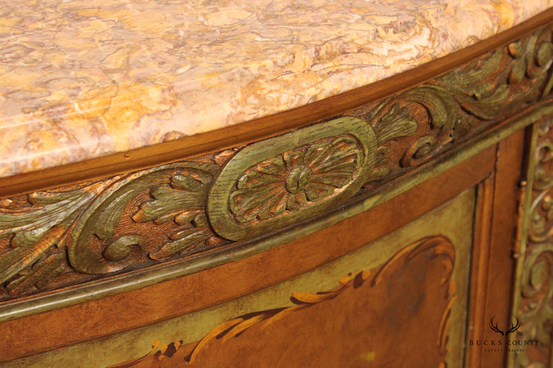 Antique Renaissance Revival Pair of Hand Painted Marble Top Demilune Cabinets