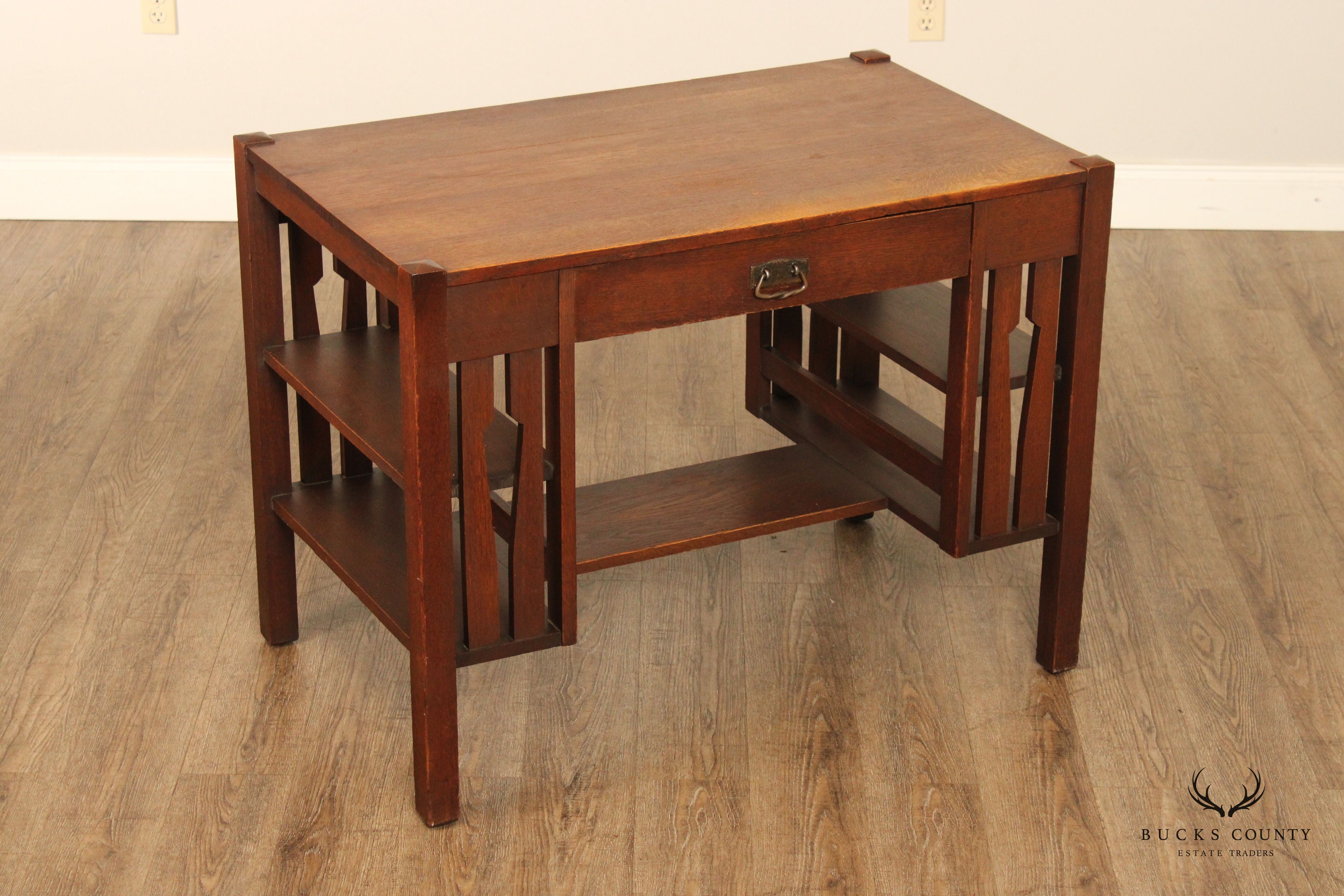 Antique Mission Style Oak Writing Desk With Bookcase Sides