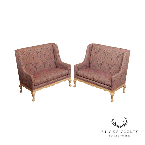 Chippendale Style Pair Custom Upholstered High-Back Settees